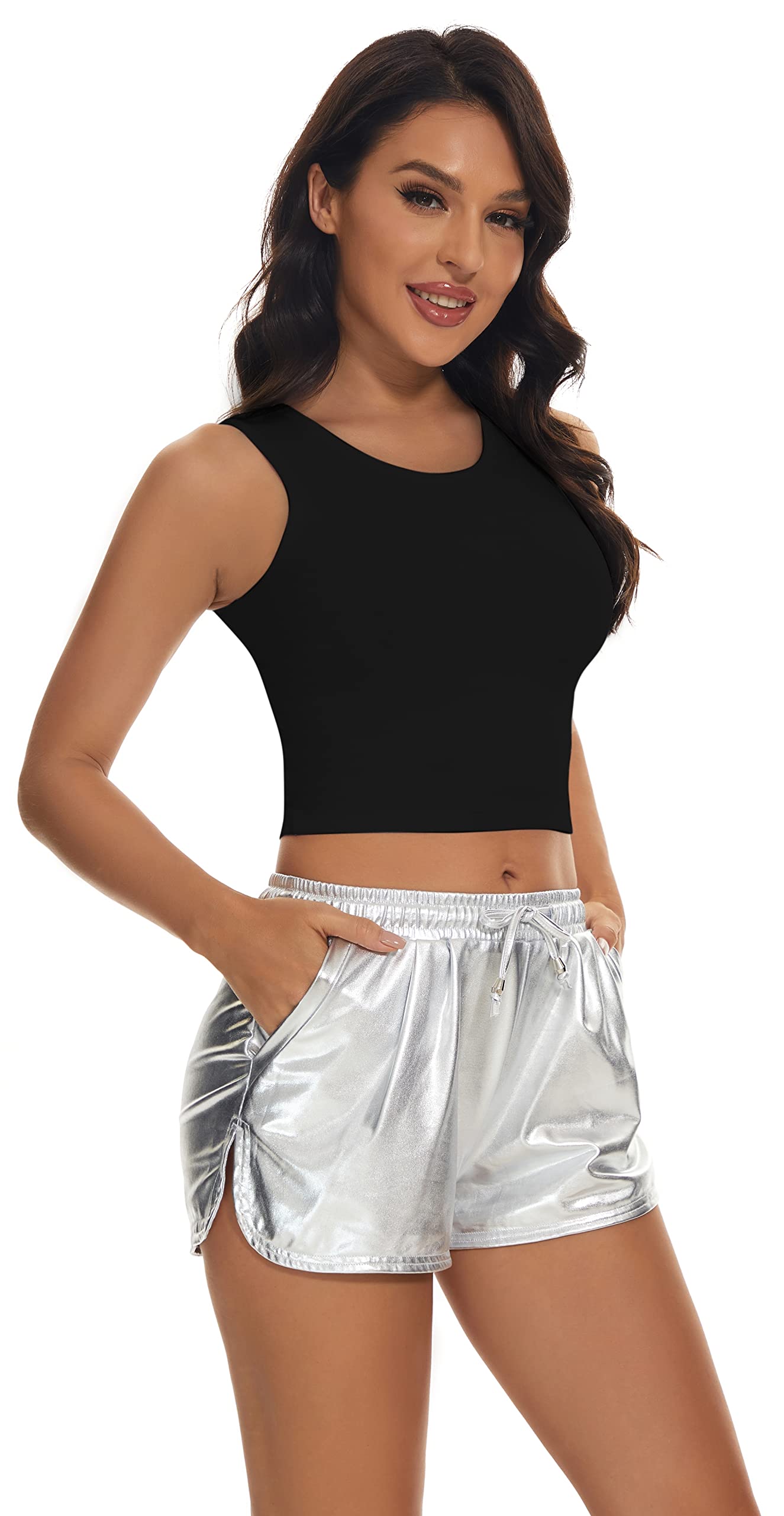 Sparkly Metallic Shorts for Women - High Waist Shiny Elastic Drawstring Shorts for Party, Club, and Summer Outfits