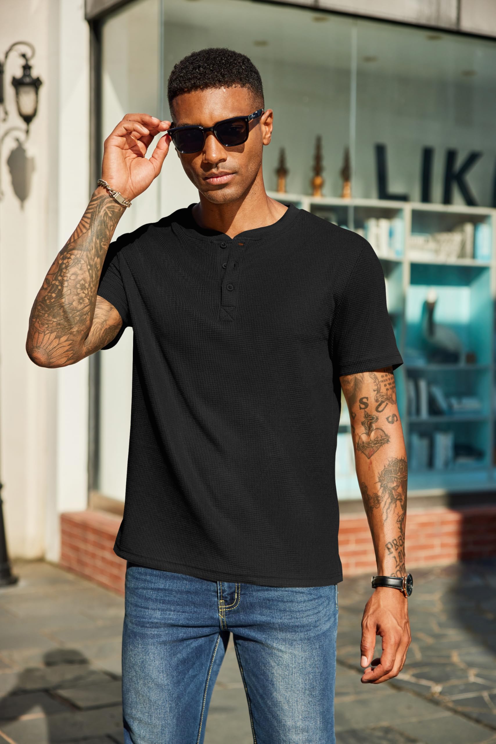 COOFANDY Men's Waffle Henley Short Sleeve Textured T-Shirt - Casual Button Up Tee Shirt | Heavyweight Summer Henley Top for Outdoor Activities & Date Nights