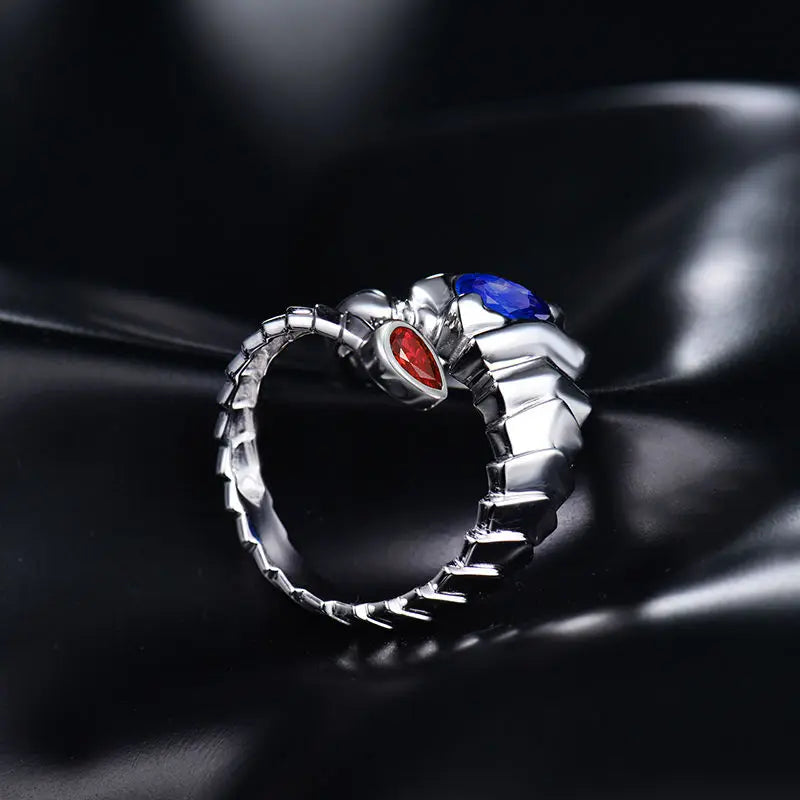 14K White Gold Scorpion Ring with Blue Sapphire & Red Ruby - Elegant Jewelry for Women, Unique Gift for Birthdays & Anniversaries
