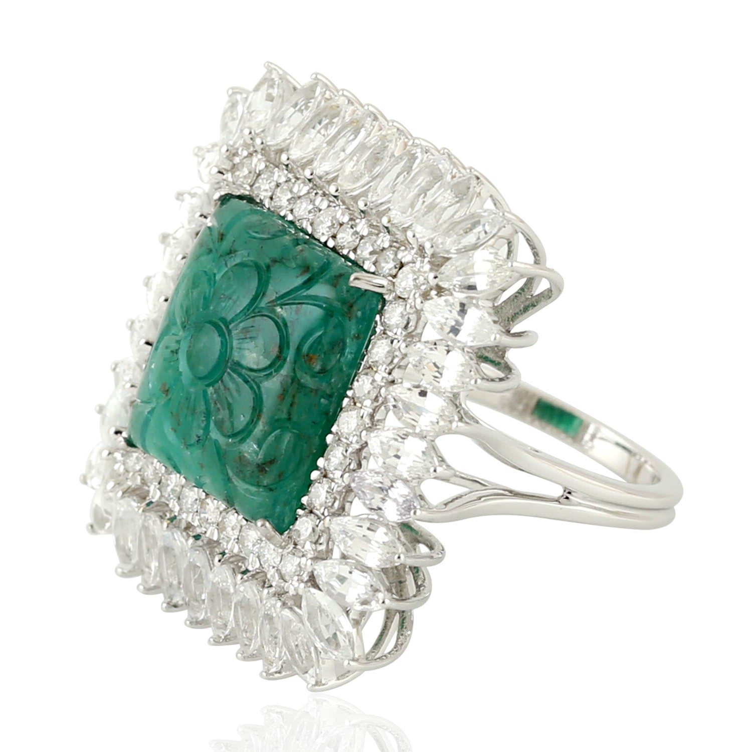 18K White Gold Carved Emerald & White Sapphire Pave Diamond Cocktail Ring for Women - Elegant Evening Wear, Bridal Jewelry & Special Occasion Gift