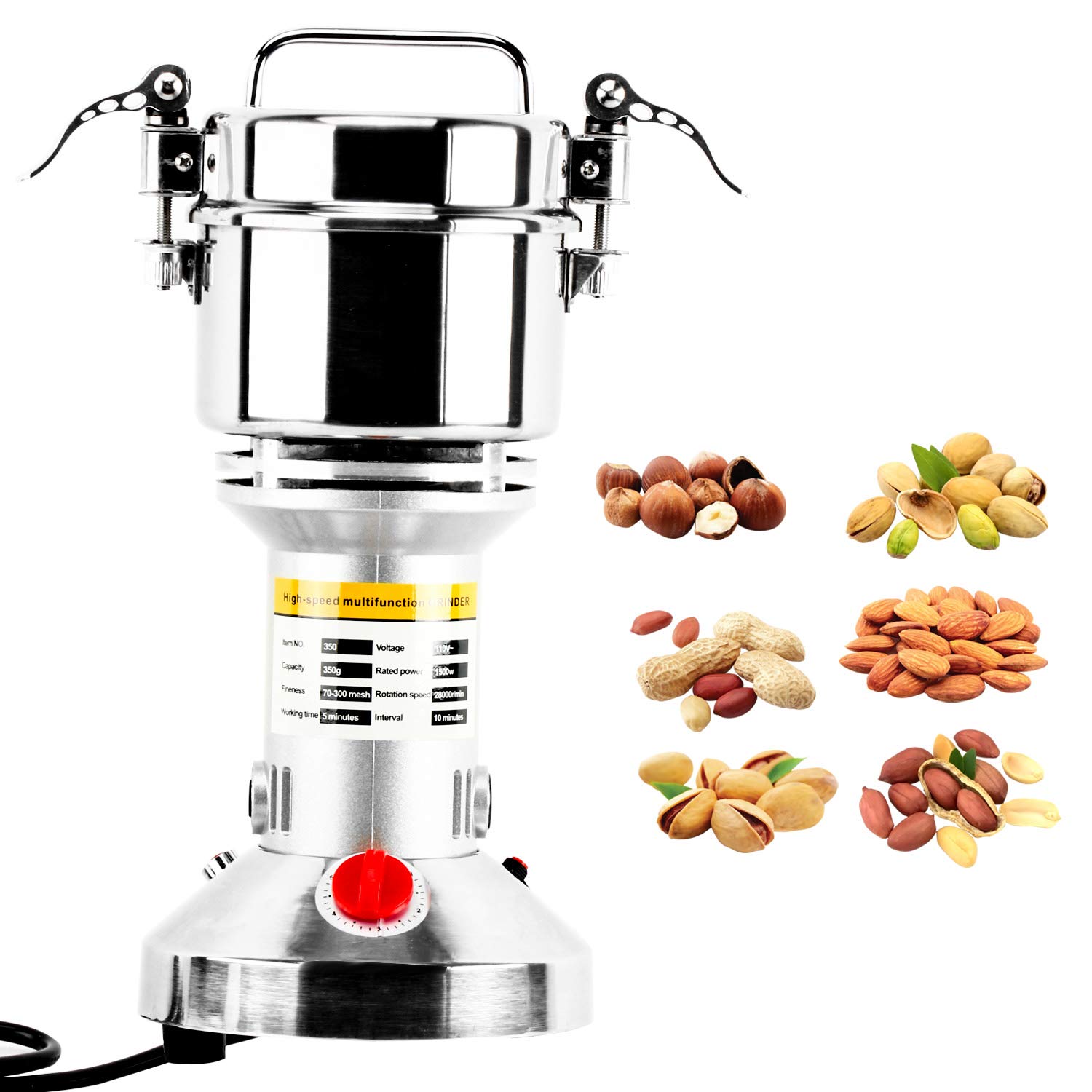 350g High-Speed Electric Grain Mill Grinder - 1500W Commercial Stainless Steel Powder Machine for Spices, Herbs, Coffee & Pepper (70-300 Mesh, 28000 RPM) - Perfect for Home Kitchens, Bakeries & Coffee Shops