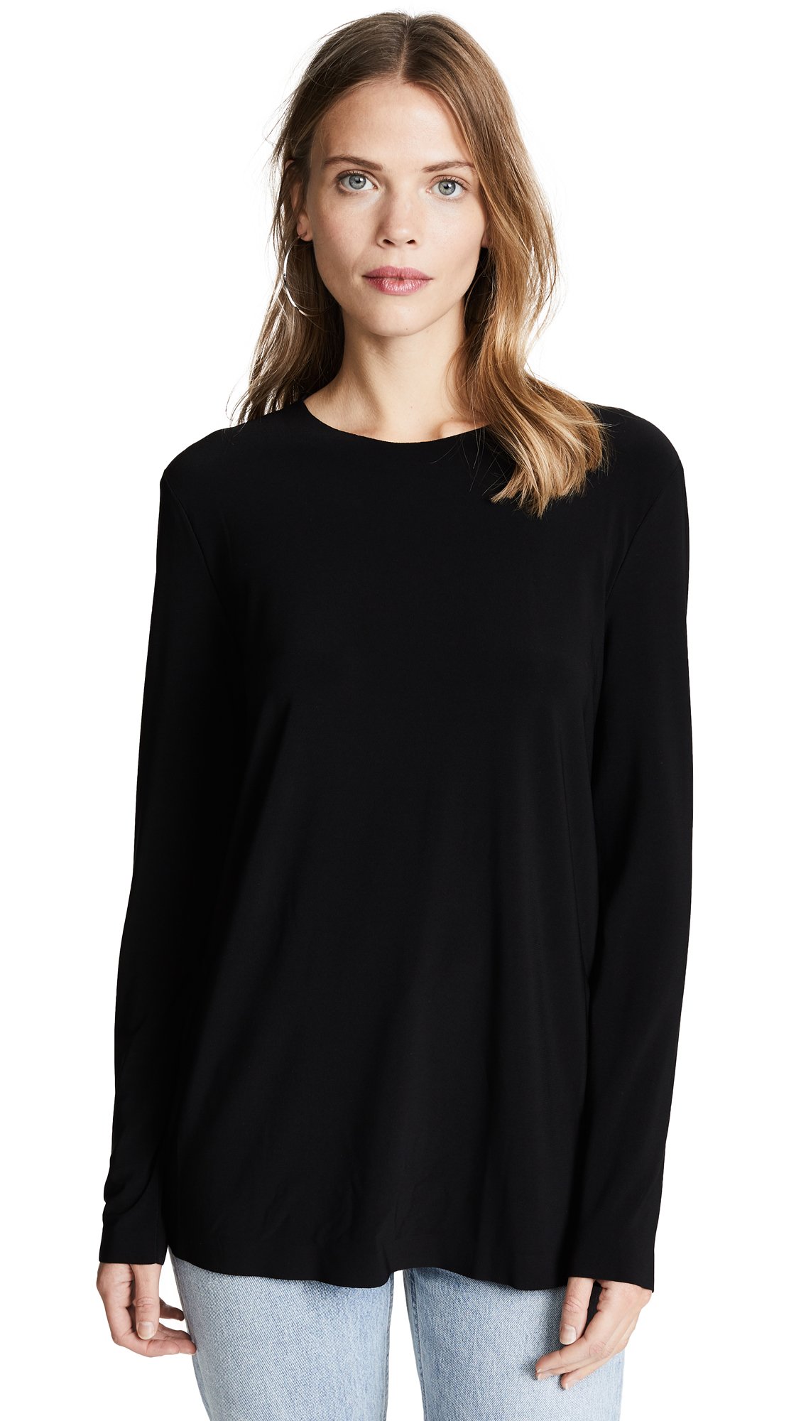 Norma Kamali Women's Long Sleeve Crew Neck T-Shirt - Soft Cotton Casual Top for Everyday Wear | Perfect for Work, Lounge & Layering
