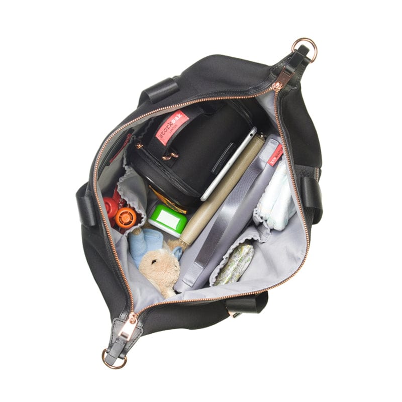 Storksak Stevie Luxe Diaper Bag - Waterproof Scuba Black Backpack for Moms - Perfect for Baby Essentials, Travel & Daily Use