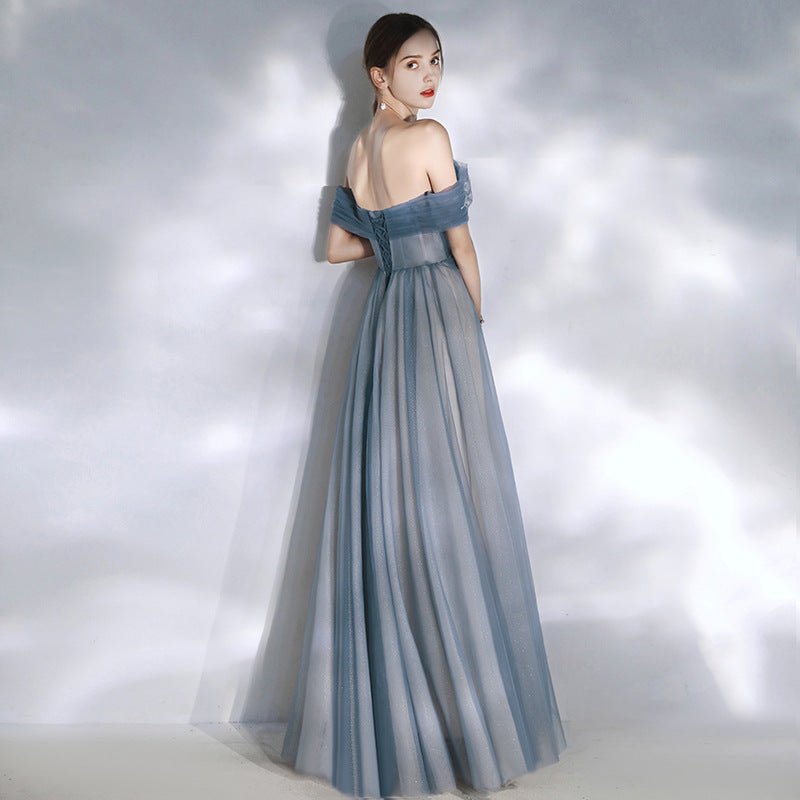 Elegant Off Shoulder Blue Tulle Prom Dress - A-Line Evening Gown for Formal Parties & Special Occasions | Perfect for Homecoming, Quinceañera & Wedding Guest Attire