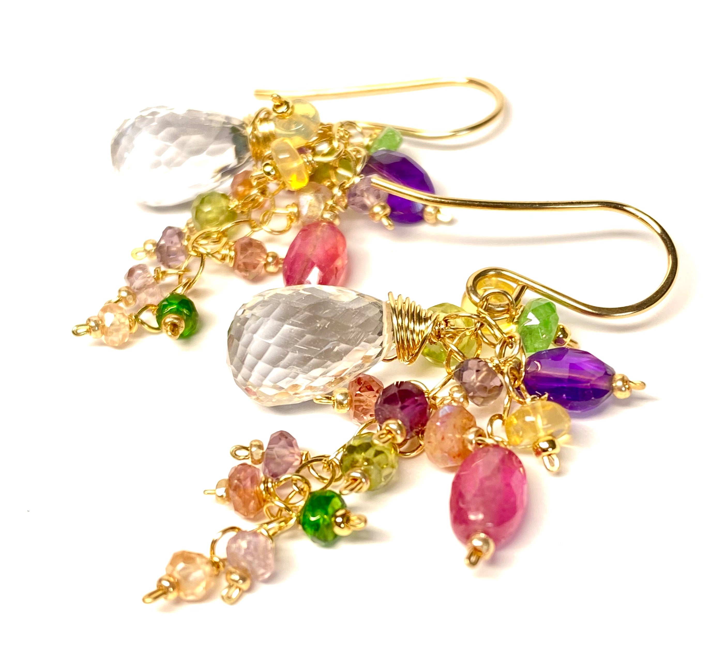 Gold Filled Crystal Quartz Dangle Earrings with Multi Gemstone Cluster - Elegant Jewelry for Women, Perfect for Parties, Weddings & Special Occasions