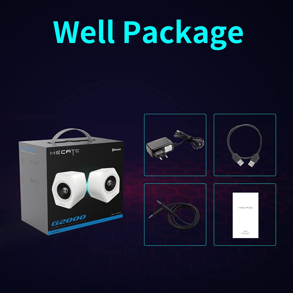 G2000 32W PC Gaming Speakers with Woofer - Bluetooth, USB, 3.5mm AUX Input, RGB Lights for Desktop, Laptop, Mac - White Multimedia Computer Speakers for Gaming, Music & Home Theater Setup