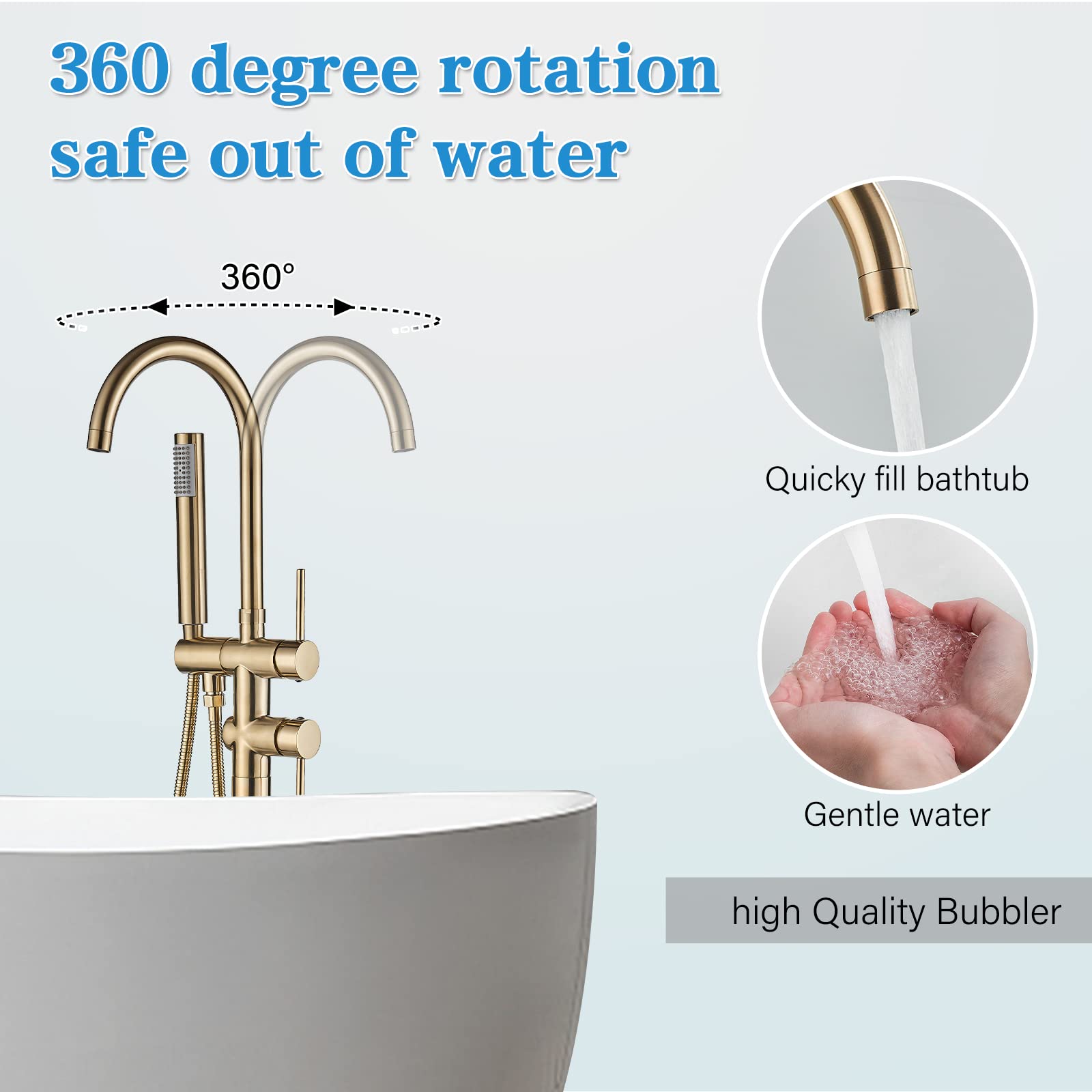 YAGATAP Freestanding Bathtub Faucet - Floor Mount Tub Filler with Handheld Shower Mixer - Brushed Gold Finish - High Flow Waterfall Spout - Perfect for Modern Bathroom & Spa Relaxation