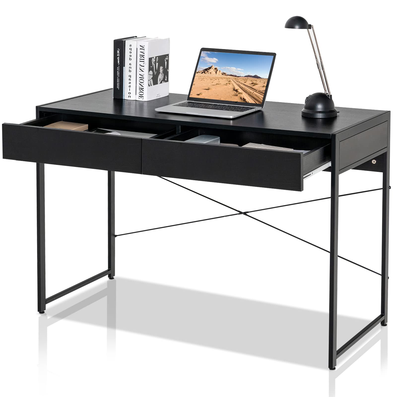 GOFLAME 44 Inch Computer Desk with 2 Storage Drawers - Sturdy Steel Frame Home Office Desk, Study Writing Workstation & Makeup Vanity Table for Living Room, Bedroom & Home Office - Perfect for Remote Work, Online Classes & Small Space Organization (Black)