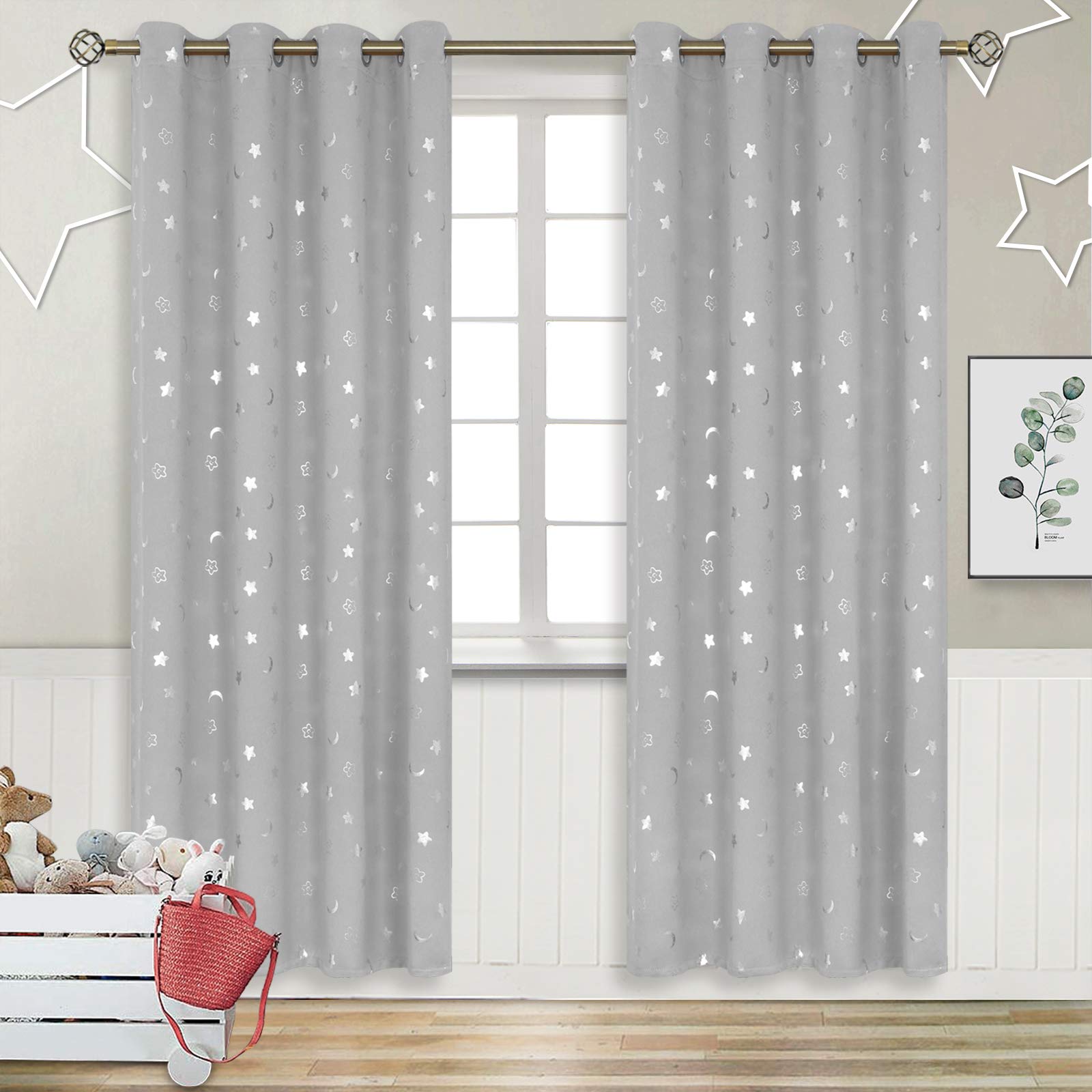 BGment Blackout Curtains for Kids Room - Star & Moon Thermal Insulated Nursery Curtains (2 Panels, 52x84 Inch, Light Grey) - Perfect for Baby Nursery, Girls & Boys Bedroom, Daycare & Home Decor