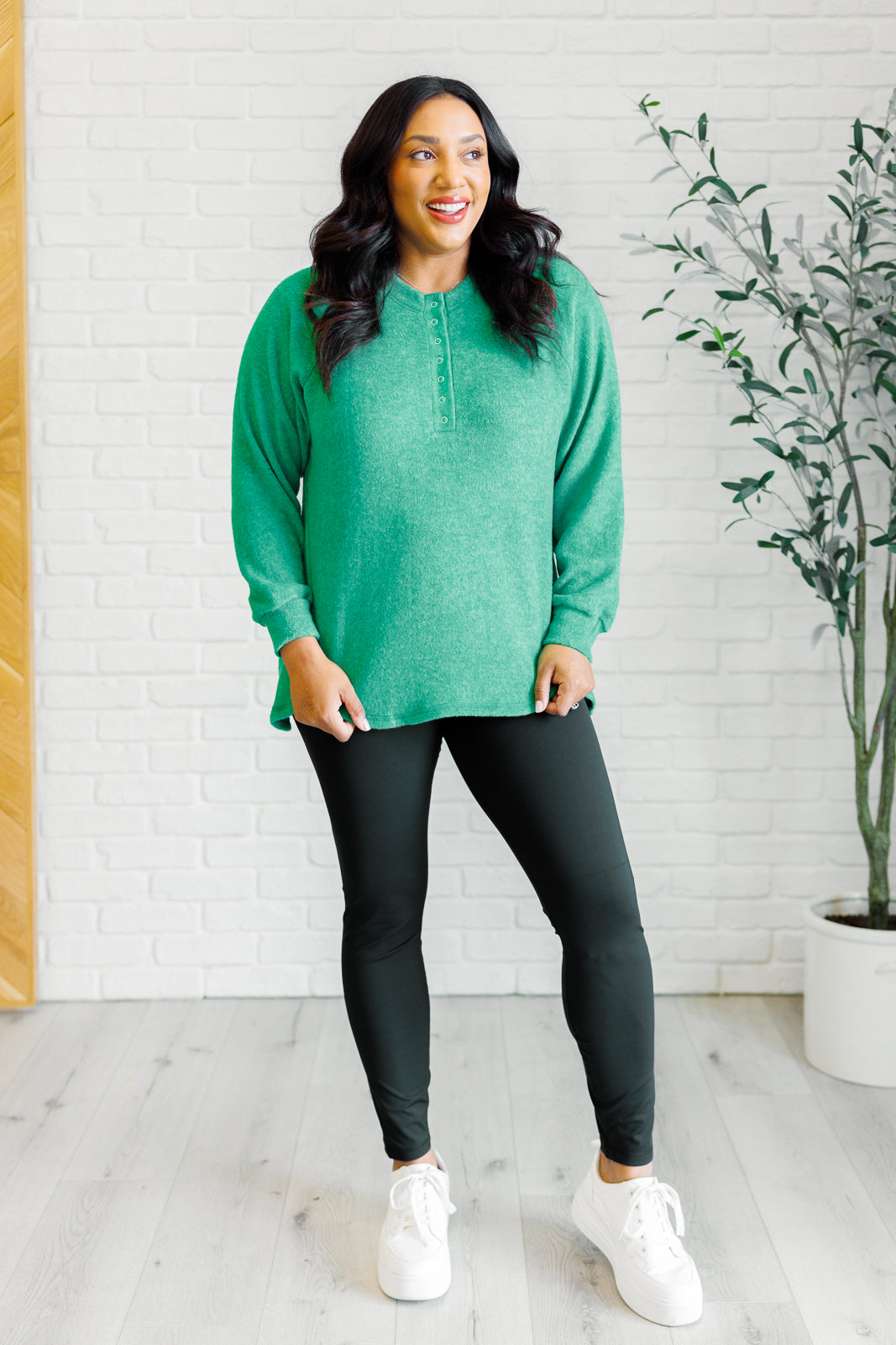 Keeping it Real Brushed Melange Hacci Long Sleeve Tee in Forest Green | Soft Casual Women's Top for Fall & Winter | Perfect for Layering, Coffee Dates and Weekend Outfits