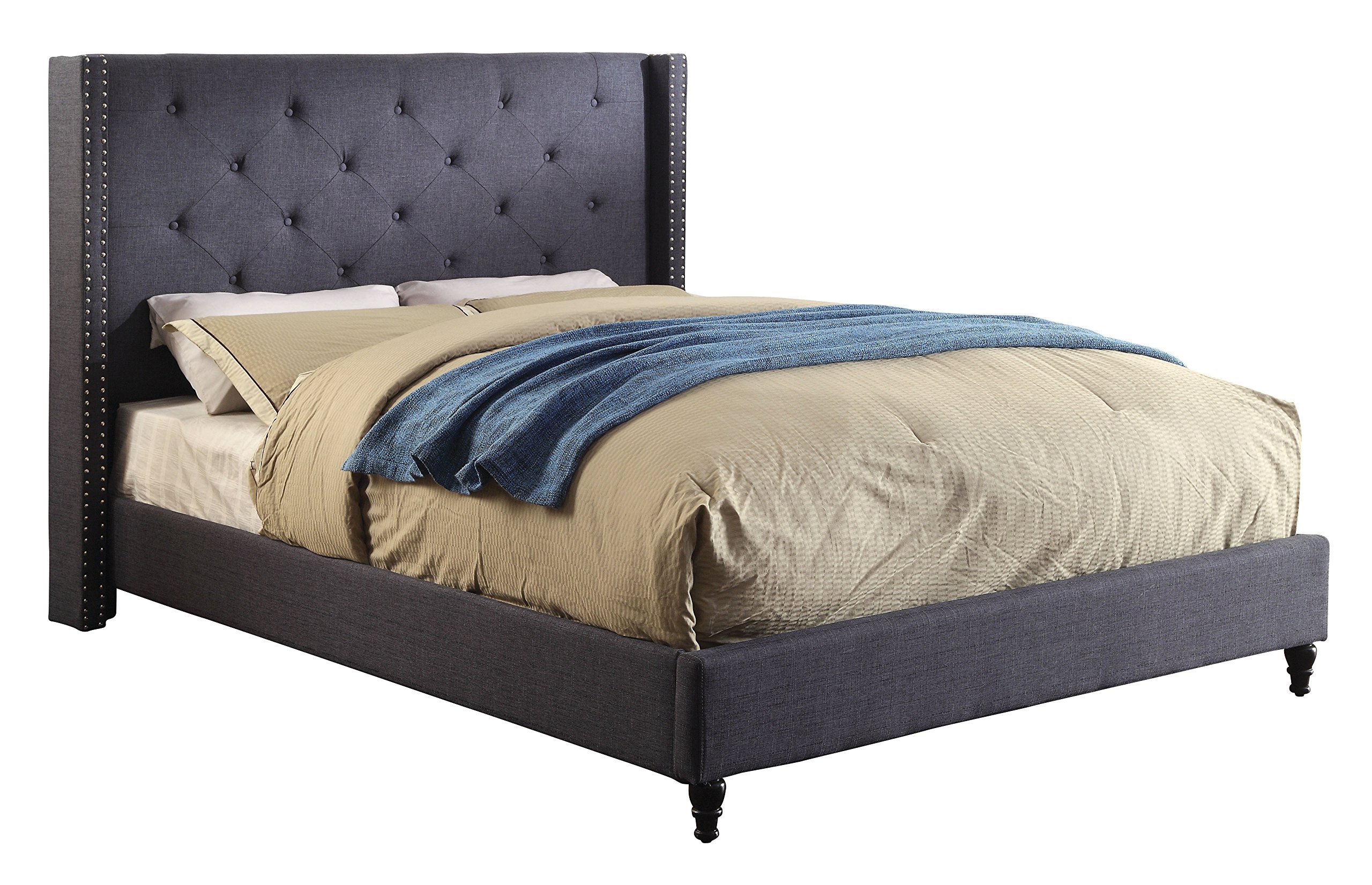 HOMES: Inside + Out Hollis Contemporary California King Bed Frame - Blue Upholstered Platform Bed with Wooden Slats - Perfect for Modern Bedroom Decor & Master Suite Upgrade