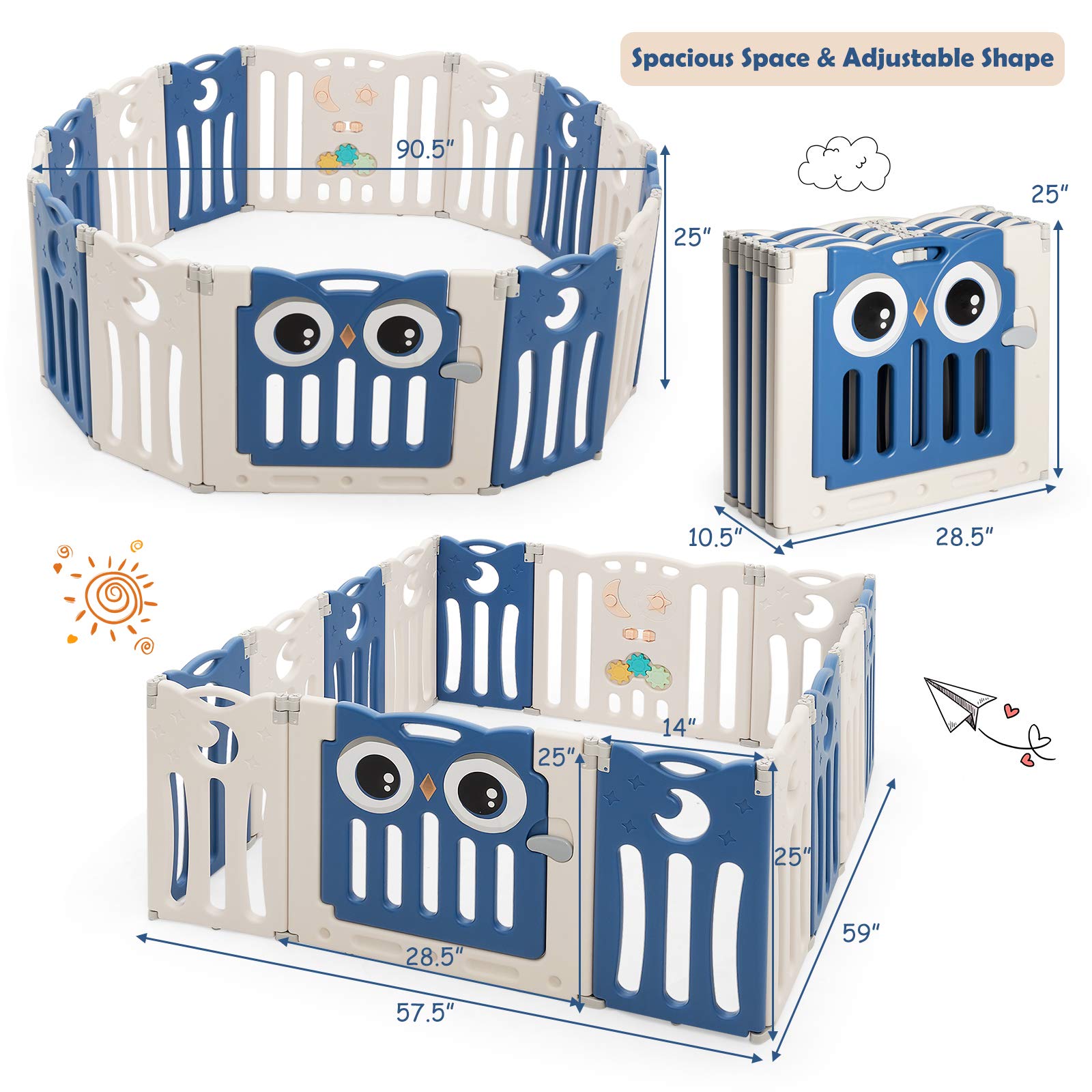 Costzon 14-Panel Foldable Baby Playpen with Locking Door - Non-Slip Rubber Bases & Cushioned Pads for Safety - Indoor/Outdoor Adjustable Play Yard for Toddlers (Blue) - Perfect for Home, Backyard, Daycare & Travel Use
