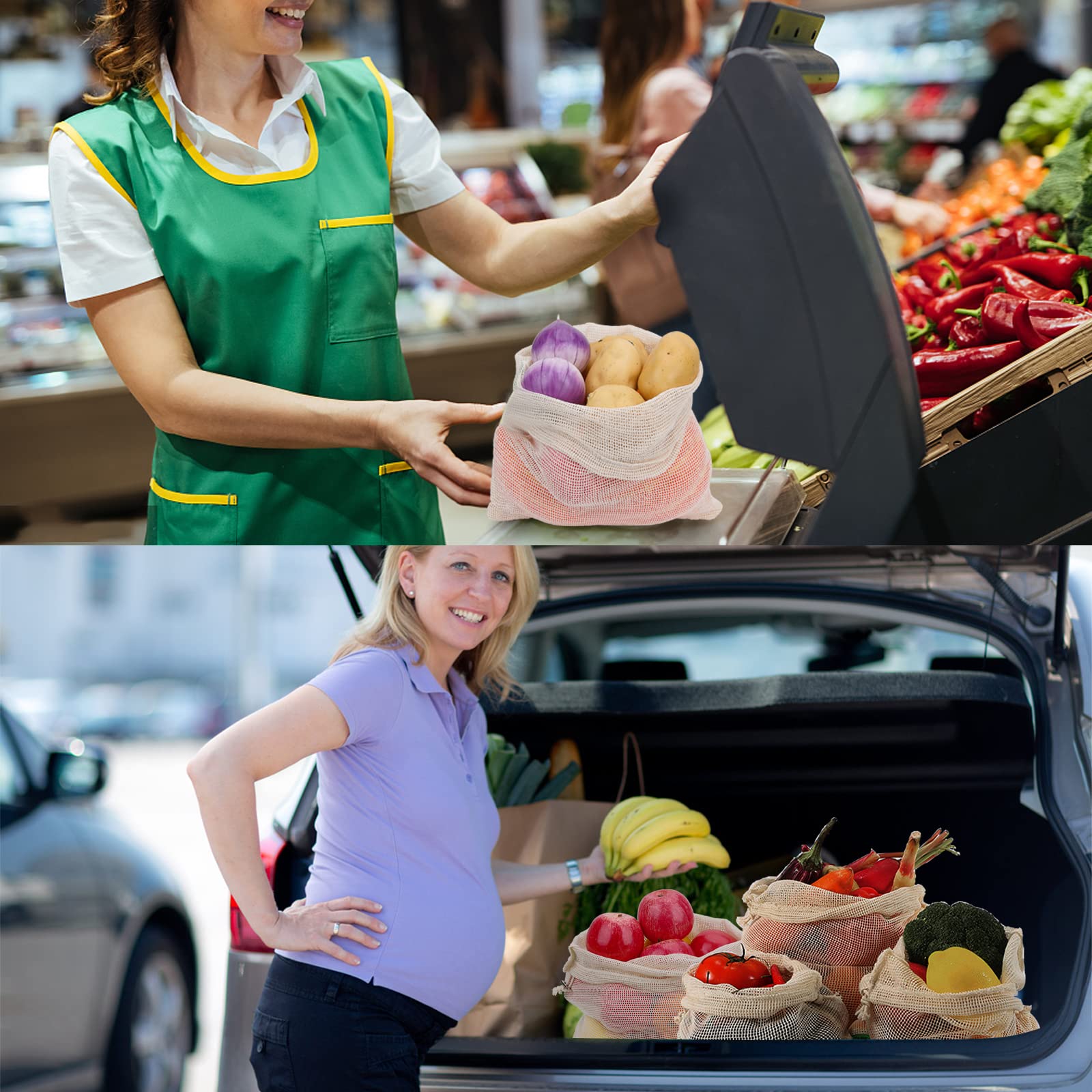 Reusable Washable Cotton Mesh Produce Bags for Fruits & Vegetables - Eco-Friendly Grocery & Bulk Shopping Bags with Drawstring (6 Pack: 2 Small, 2 Medium, 2 Large) - Perfect for Farmers Market, Organic Shopping & Zero Waste Lifestyle
