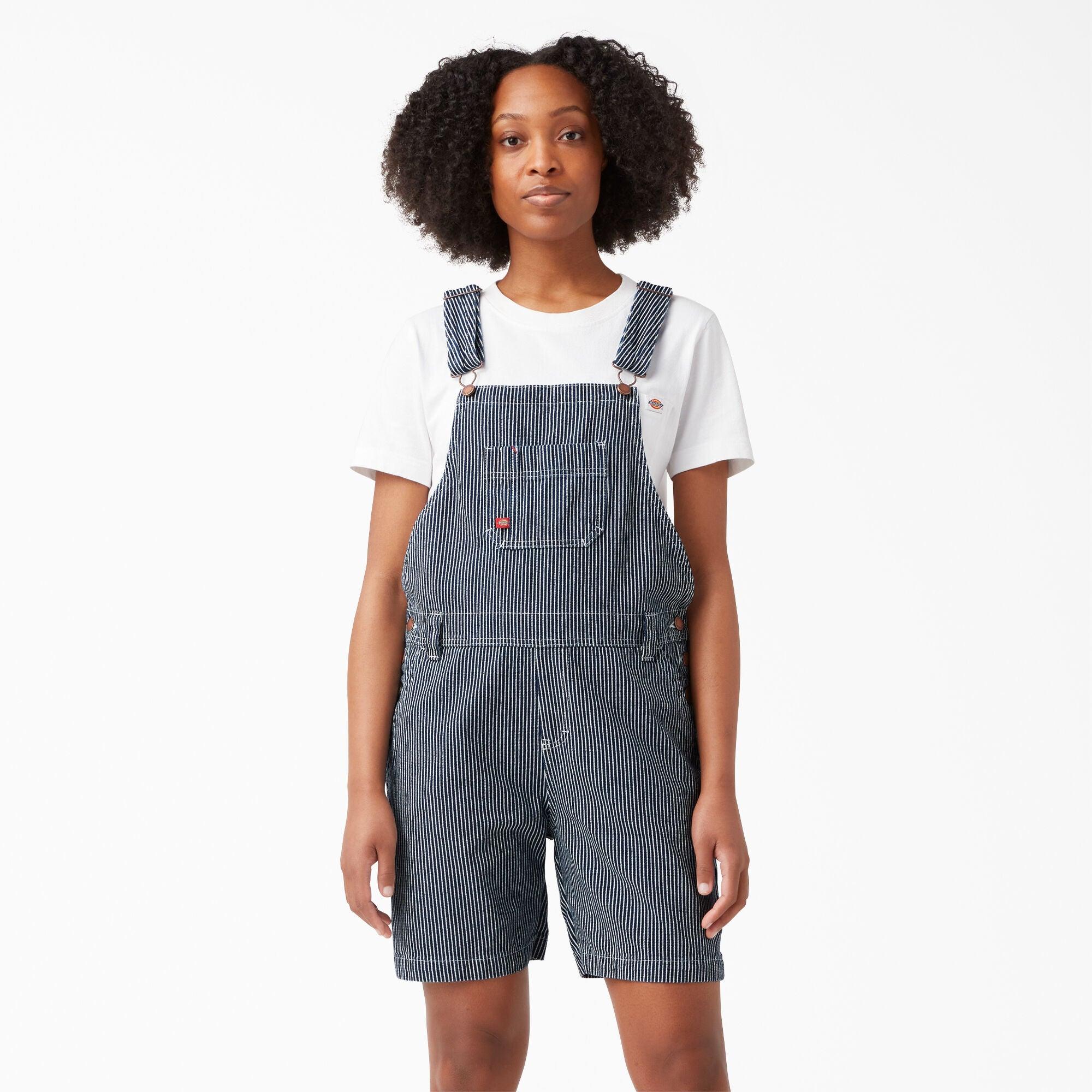 Women's Relaxed Fit Bib Shortalls - Size 7, Rinsed Hickory Stripe Denim Overalls for Casual Wear & Summer Outfits