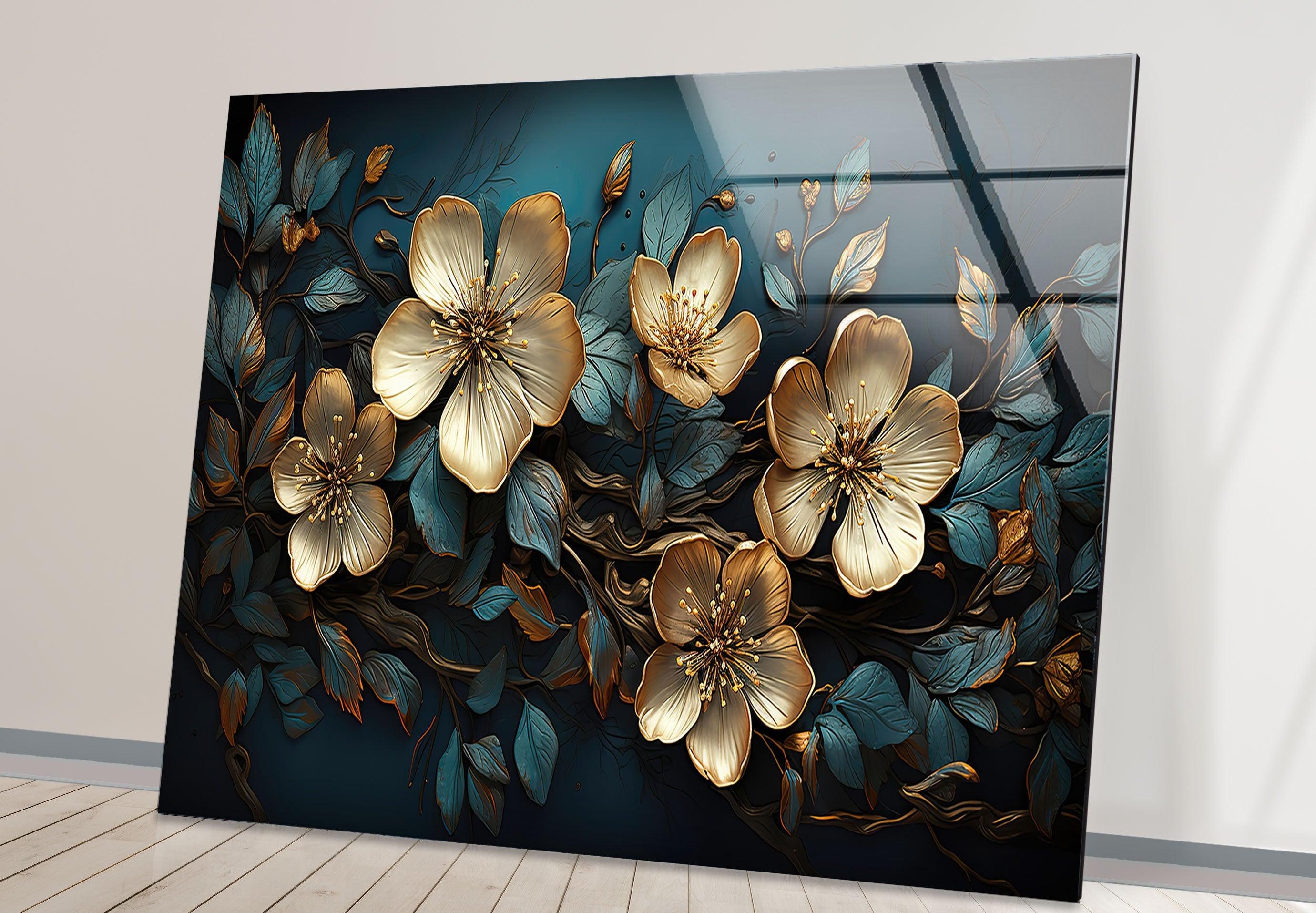 Beige & Blue Botanical Glass Wall Art - Elegant Home Decor for Living Room, Bedroom & Office - Perfect Gift for Housewarming & Wedding