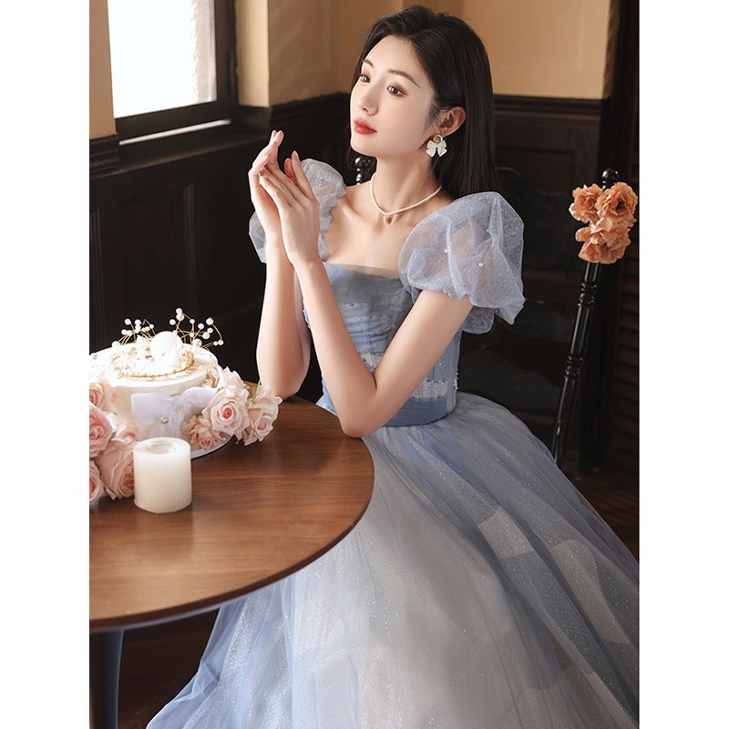 Sparkly Off Shoulder Prom Dress - A-Line Tulle Party Gown with Puff Sleeves | Elegant Blue Evening Gown for Homecoming, Prom Night & Special Occasions