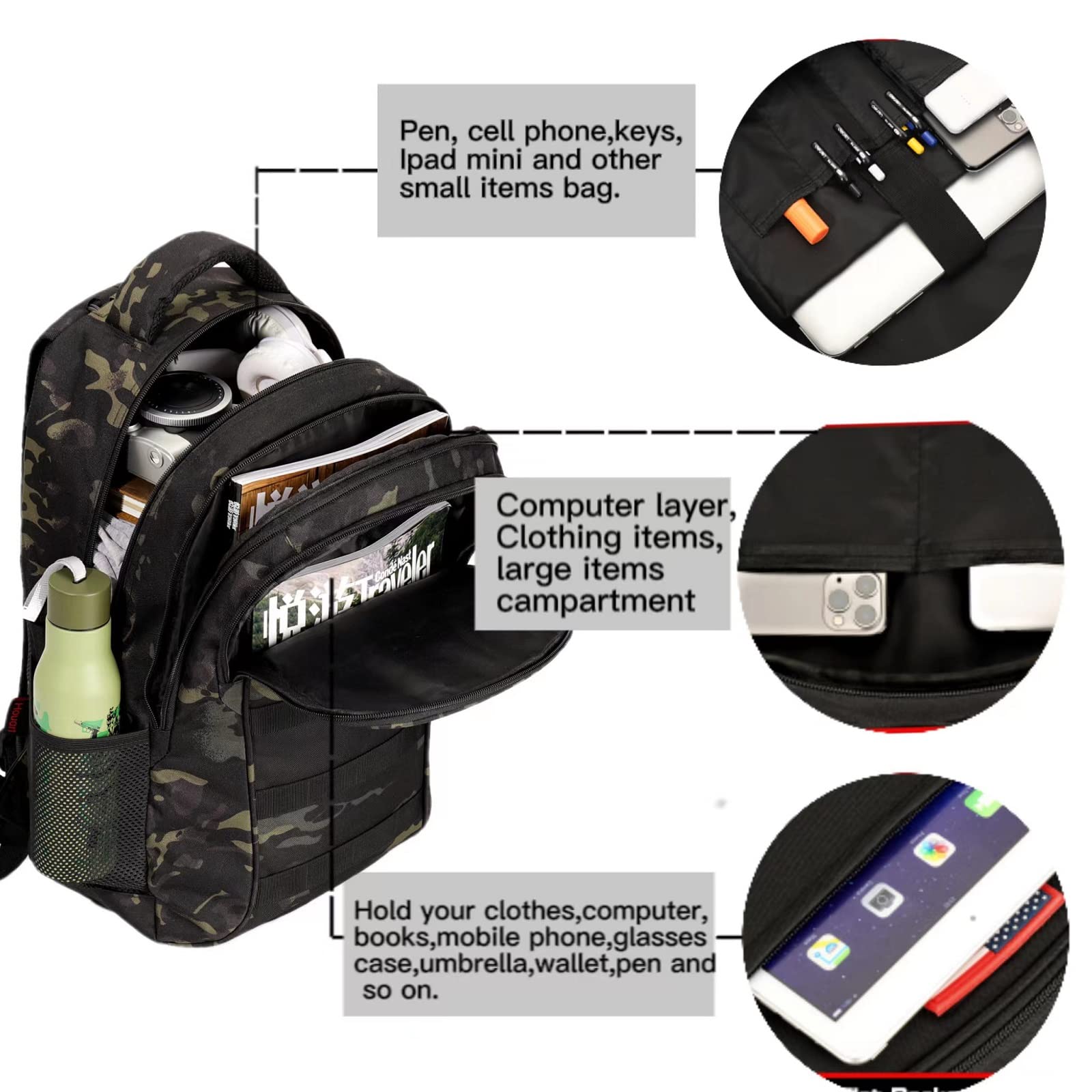 Military Tactical Backpack for Boys 40L - Camo School Backpack with USB Charging Port - Durable Teen & Men's Hiking, Travel & Everyday Use Backpack