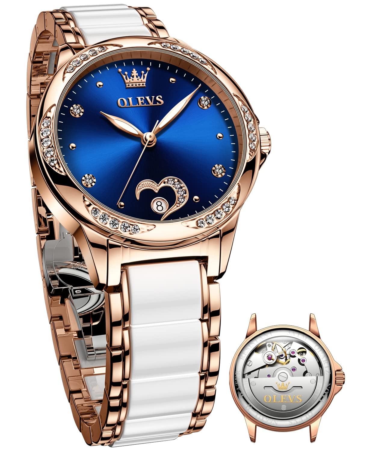 OLEVS Women's Automatic Mechanical Watch - Rose Gold Ceramic Band, Diamond Case, Waterproof & Luminous - Elegant Ladies Wristwatch for Business, Party & Daily Wear