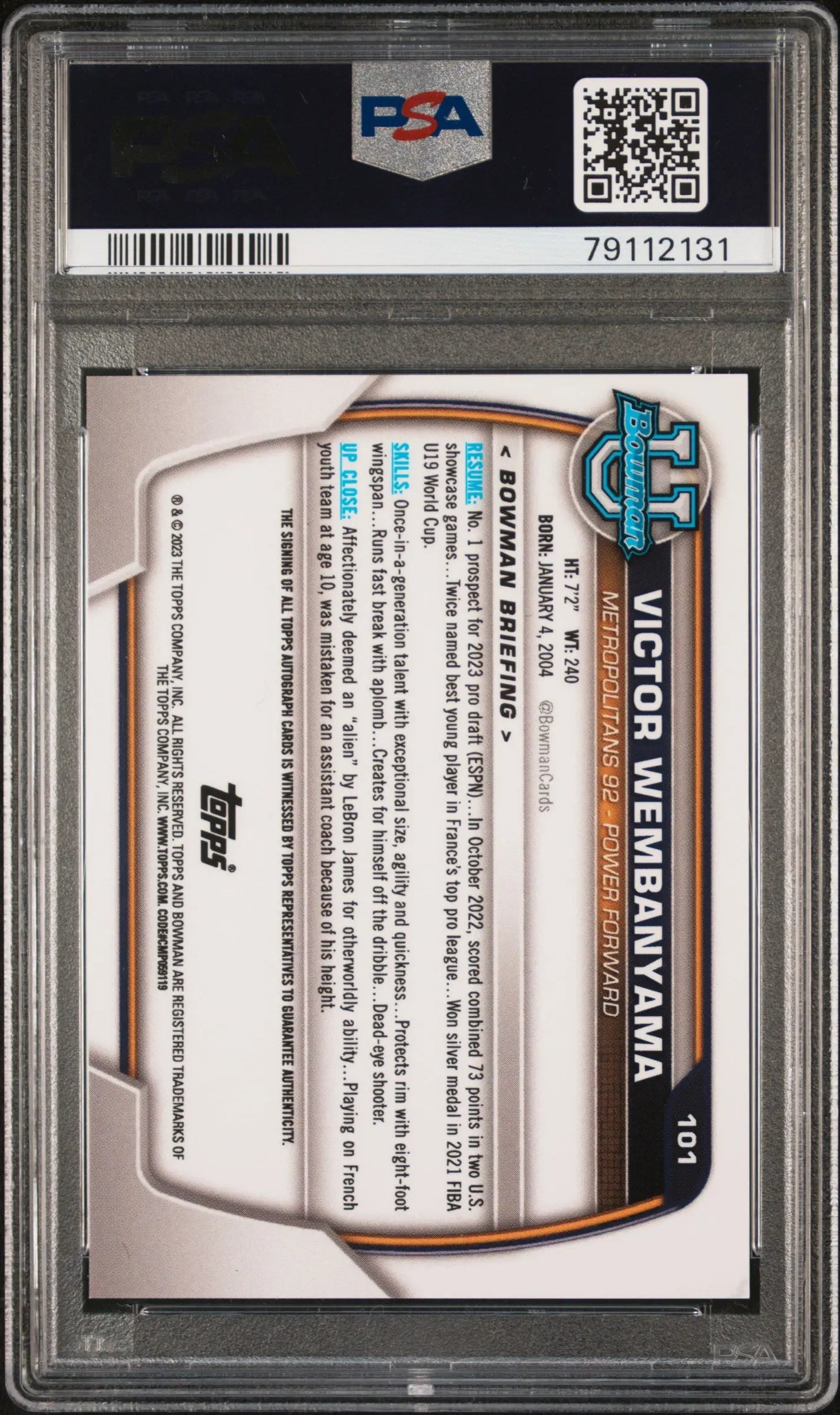 2022 Bowman Chrome Victor Wembanyama Rookie Auto PSA 10 Gem Mint - Basketball Trading Card for Collectors & Investors - Perfect for Display, Grading, and Sports Memorabilia Collections