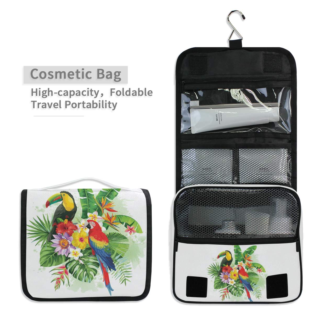 AGONA Hanging Toiletry Bag - Tropical Palm Leaves & Toucan Design Travel Cosmetic Organizer for Women & Men | Portable Waterproof Makeup Pouch with Hook | Perfect for Vacation, Gym & Bathroom Storage