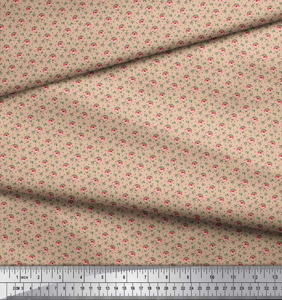 Soimoi 100% Cotton Voile Fabric - Beige Printed with Dots, Leaves & Roses - 56