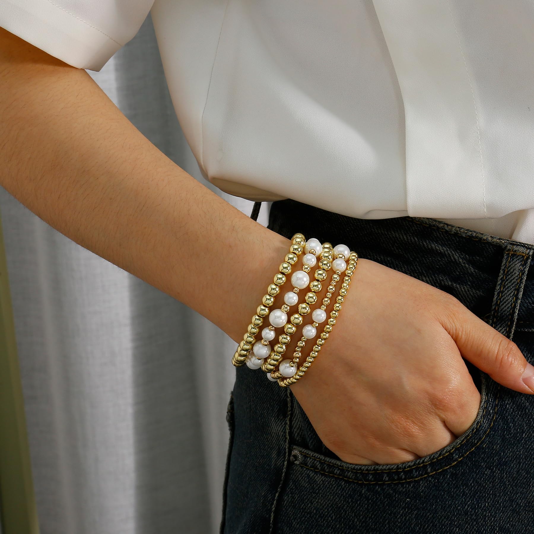 Gold Beaded Bracelets for Women - White & Black Beads, Gold Filled Stretch Elastic Stackable Bracelet Set, Trendy Dainty Layered Jewelry for Everyday Wear, Gift Giving & Special Occasions