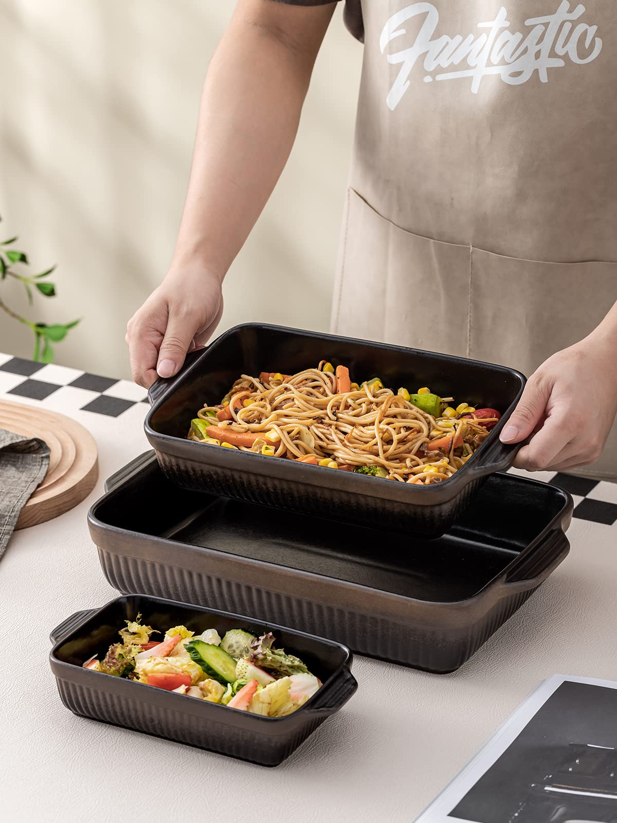 Kanwone 9 x 13 Inch Ceramic Baking Dish Set - Rectangular Lasagna Pan, Casserole Dish, Oven Safe Bakeware for Cooking, Baking & Serving | Matte Black Reactive Glazed Stripe Series | Perfect for Family Dinners, Holiday Meals & Potluck Parties
