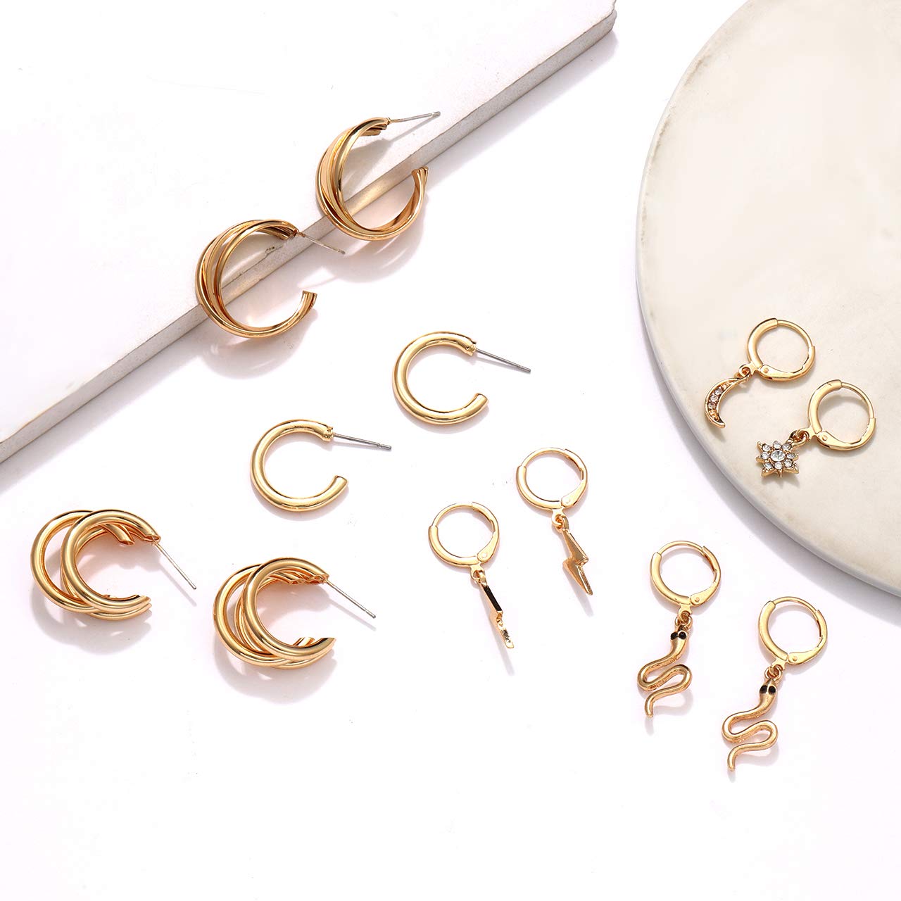 NVENF Women's Gold Chain Necklace & Earrings Set - Statement Snake Paperclip Link Choker & Twist Hoop Jewelry Gift for Birthday, Party, Wedding, Anniversary (Best Friend Gift Idea)