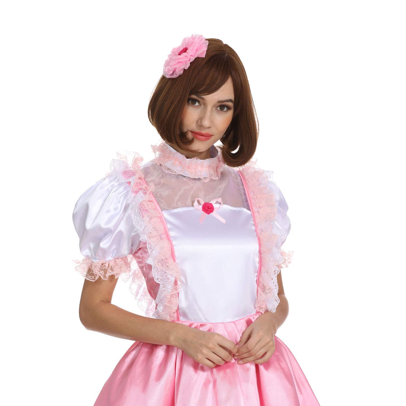 Sexy Pink and White Satin French Maid Dress with Ruffled Sleeves - Women's Crossdressing Costume for Cosplay, Halloween & Role Play