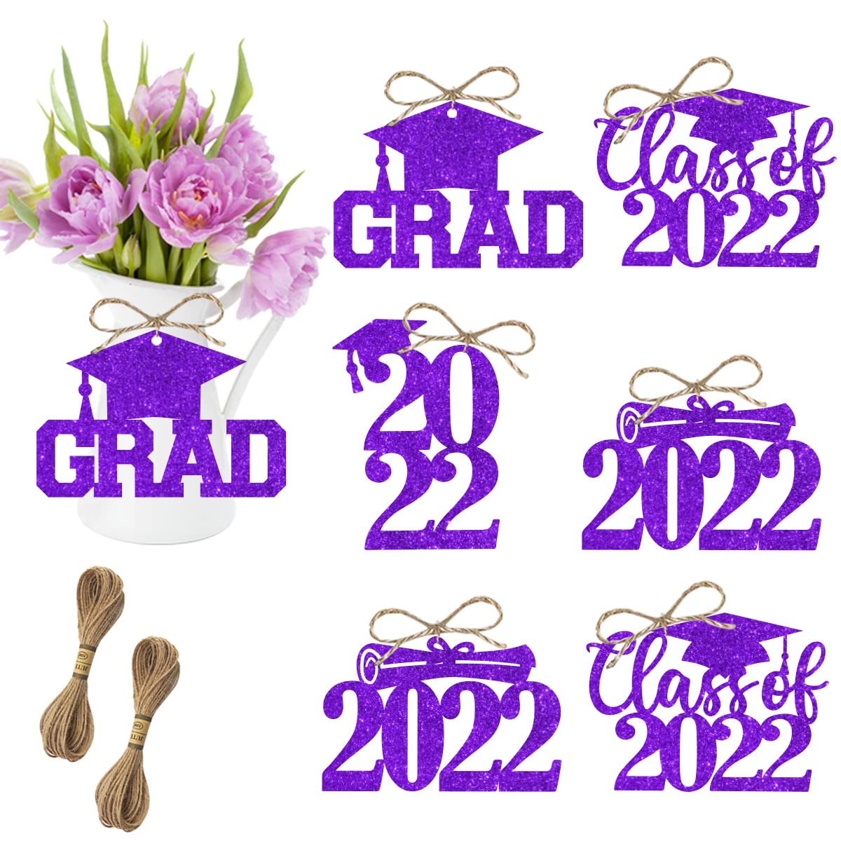 24-Piece Purple Graduation Party Decorations Set - Class of 2022 Glitter Favor Tags, Cutouts & Burlap Rope Centerpieces for Graduation Ceremony, Party Table Decorations and Photo Backdrop Accessories