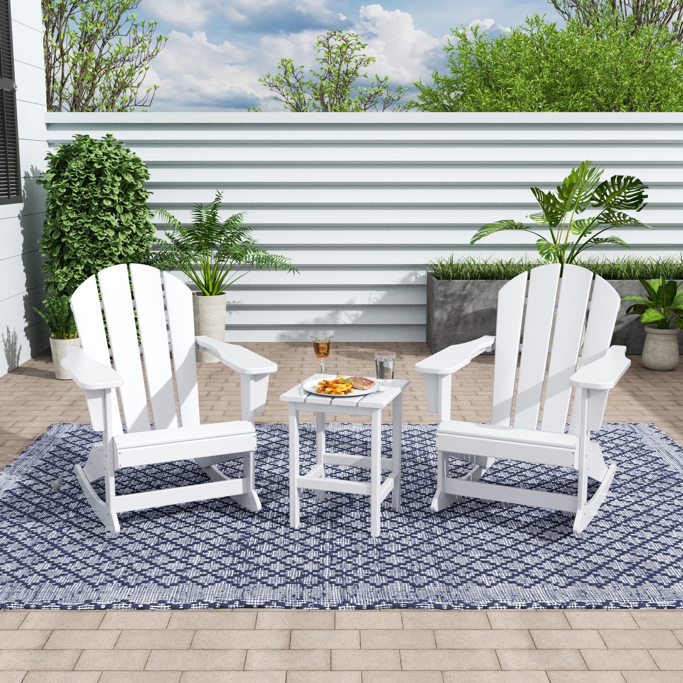 WestinTrends Malibu 2-Piece All-Weather Outdoor Rocking Chair Set with Side Table - White Poly Lumber Adirondack Rockers for Porch, Patio, Garden & Backyard Relaxation