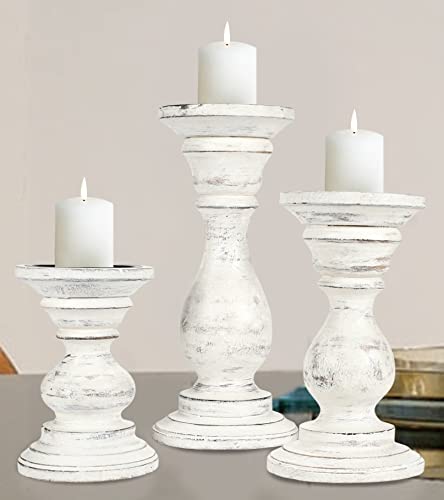 Wooden Candle Holder Stand Set of 3 - 10, 8, 6 Inch Pillar Candle Holders with Rounded Turned Columns - Antique White Country Style for Weddings, Christmas, Parties & Home Decor | Perfect as Unity Candle Holders & Gift Ideas