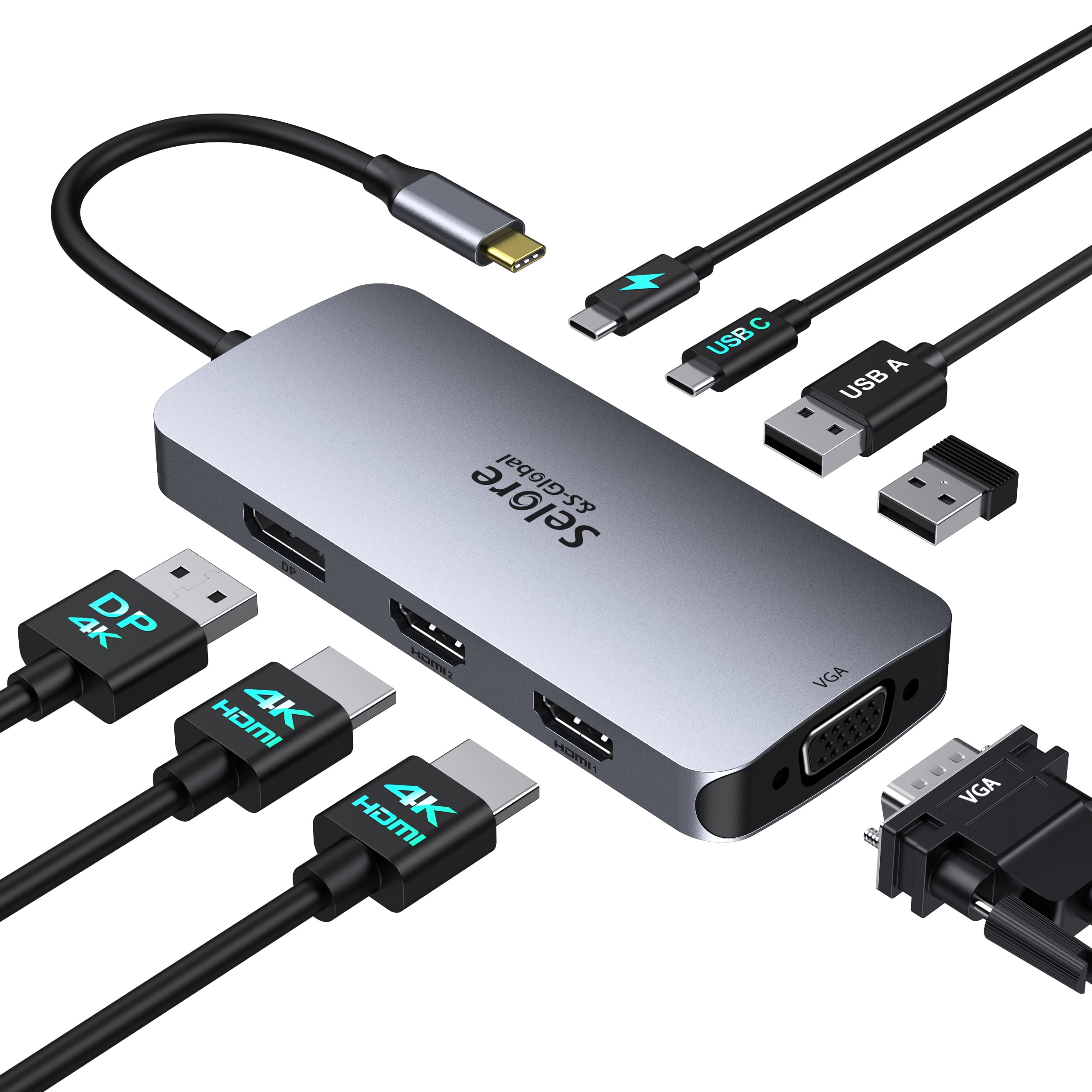 8-in-1 USB C Docking Station for Laptop with Dual HDMI & VGA - Triple Display Adapter, 100W PD Charging, 2x USB A 2.0 Ports - Compatible with MacBook, HP, Dell, Lenovo - Perfect for Home Office, Gaming & Multi-Monitor Workstations