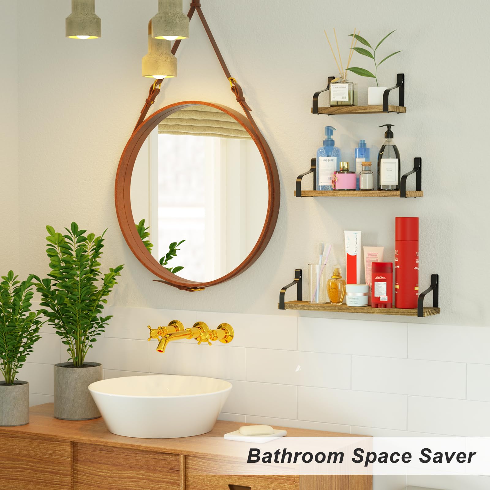 Floating Shelves Wall Mounted - Set of 2 Sturdy Wooden Shelves for Home Decor, Bathroom, Kitchen & Living Room Organization | Love-KANKEI Modern Wall Shelves