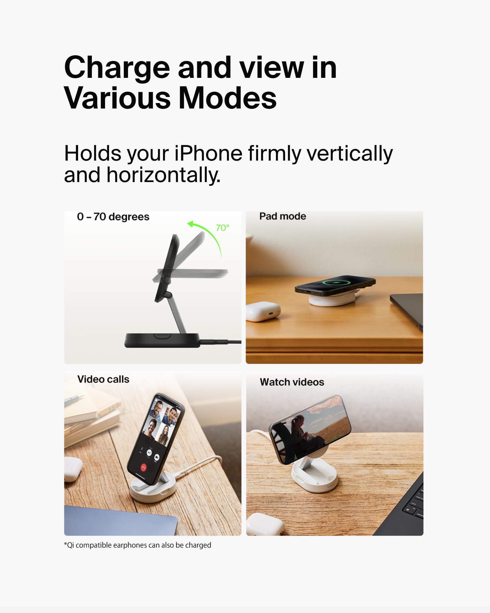 Belkin 15W MagSafe-Compatible Fast Qi2 Charging Stand - Magnetic Wireless Charger for iPhone 16/16 Plus/16 Pro/16 Pro Max, iPhone 15/14 Series, AirPods Pro & Qi-Enabled Devices (White) | Perfect for Bedside, Office & Travel Charging