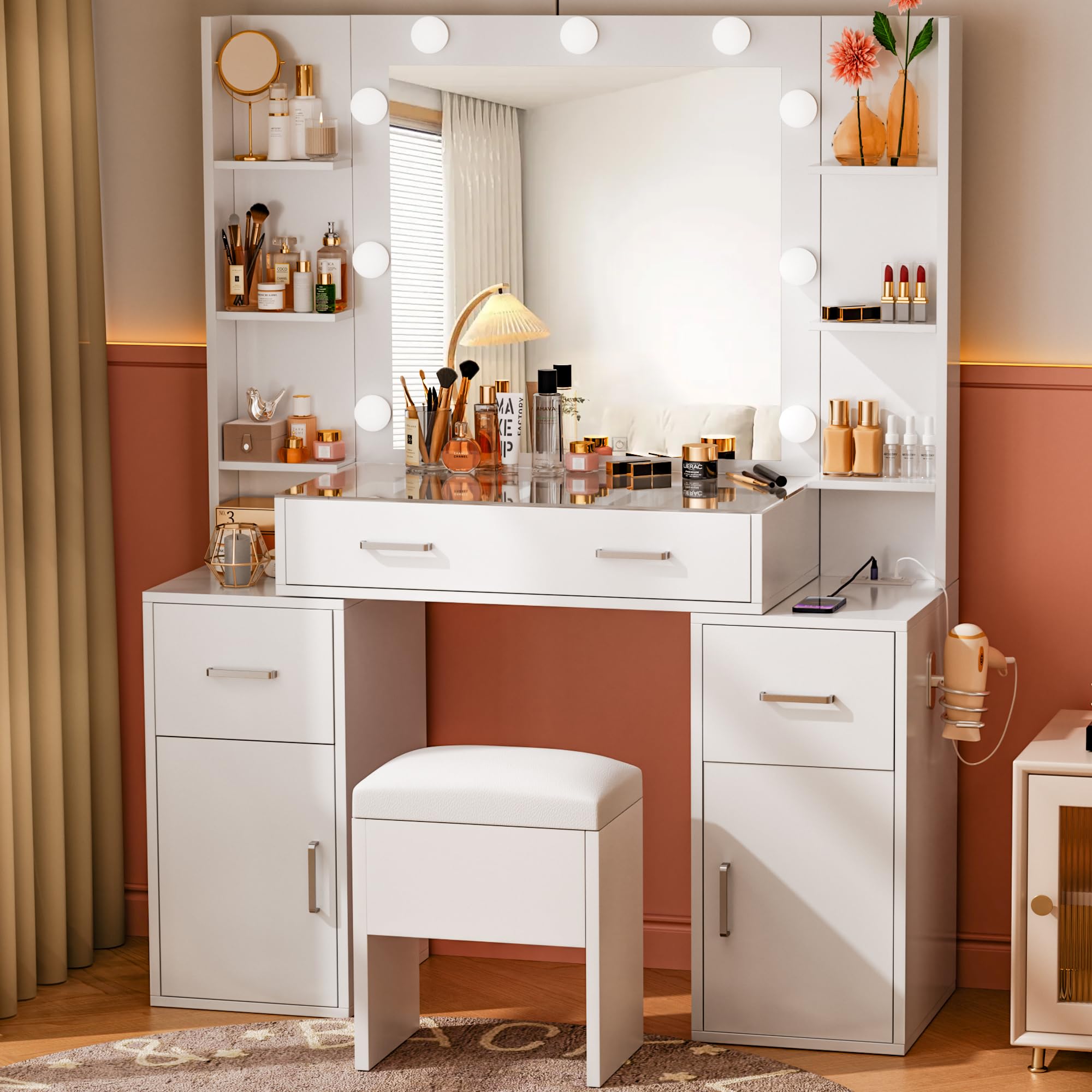 LED Makeup Vanity Desk with Glass Top & Charging Station - 9 Adjustable Lights, 3 Lighting Modes, Storage Bench - Perfect for Bedroom Dressing Table, Beauty Salon & Home Decor (White)