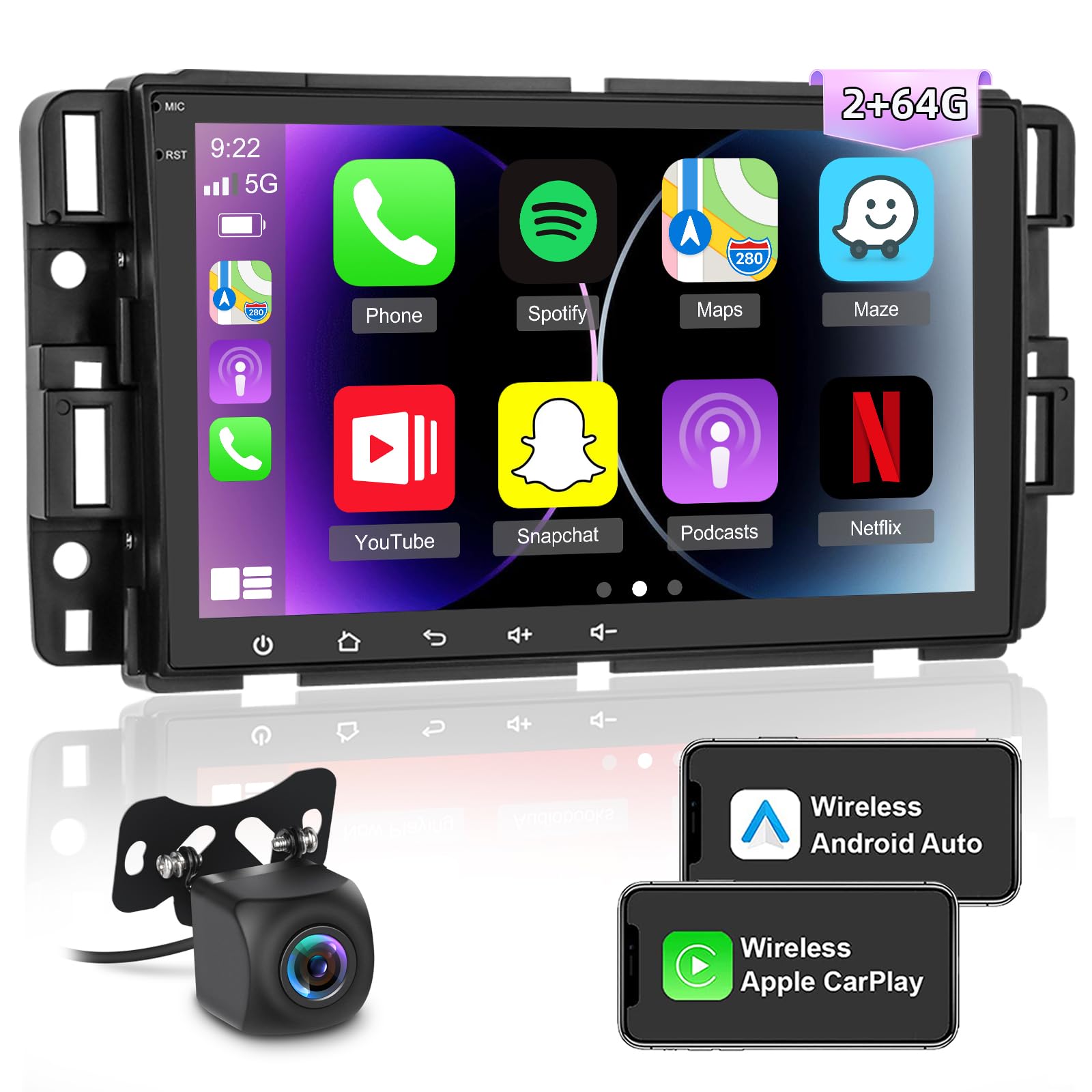 Chevy Silverado 2+64GB Android Car Stereo with Wireless Apple CarPlay & Android Auto - 2.5D Touchscreen GPS WiFi HiFi Radio for GMC Chevrolet Buick Hummer + AHD Backup Camera & Mic | In-Car Entertainment & Navigation System