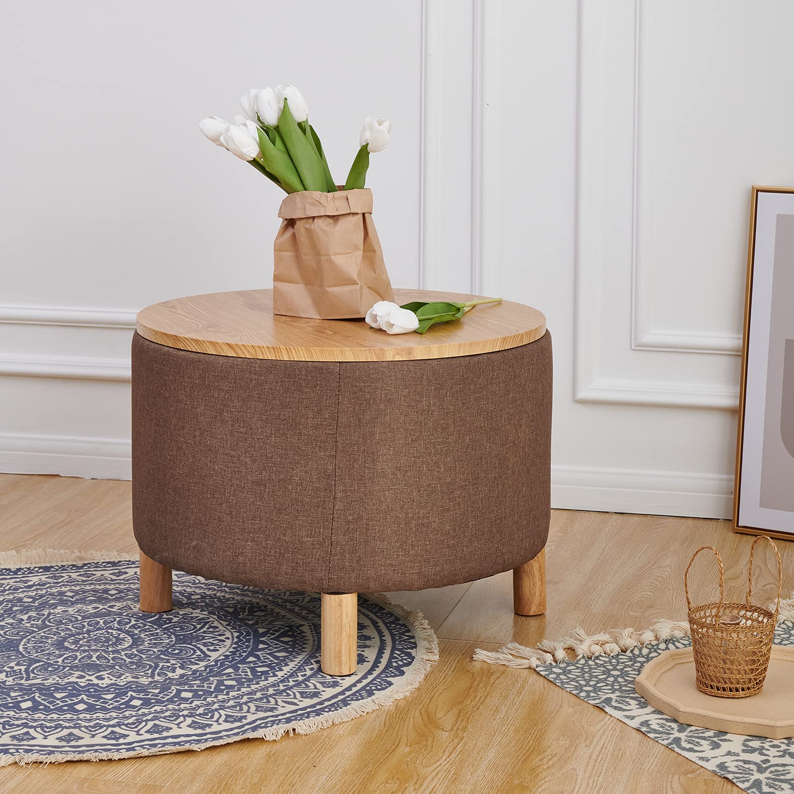 Round Coffee Table with Storage - Multi-Function Ottoman Foot Rest, High-Capacity Cotton Linen Fabric, Natural Color - Perfect for Living Room, Bedroom & Home Office Use