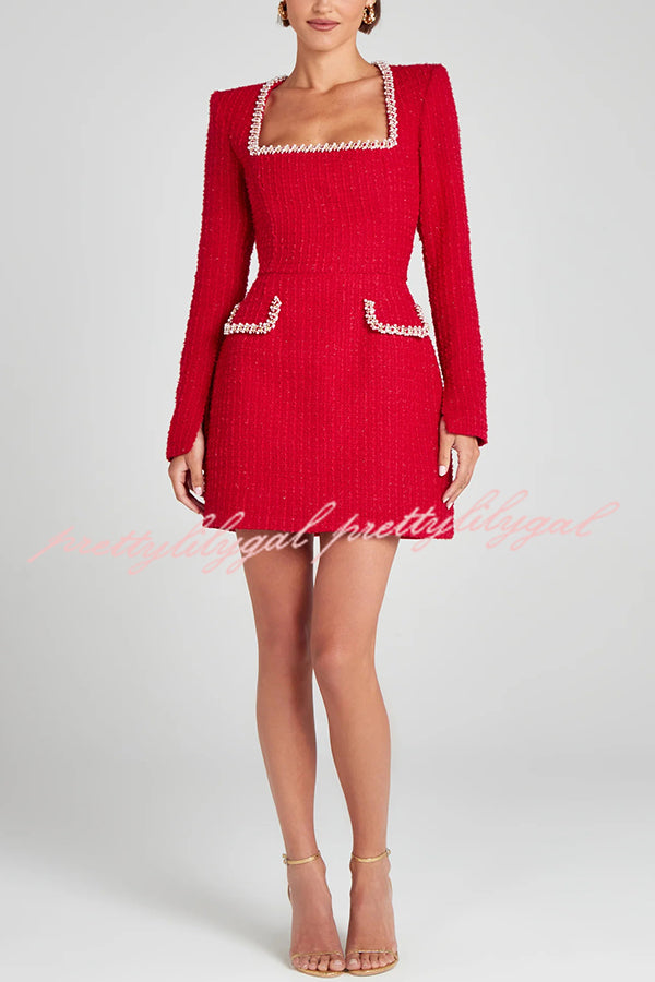 Elegant Tweed Mini Dress with Pearl Trim, Long Slit Sleeves & Pockets | Women's Party Cocktail Dress for Evening Events, Weddings & Date Nights