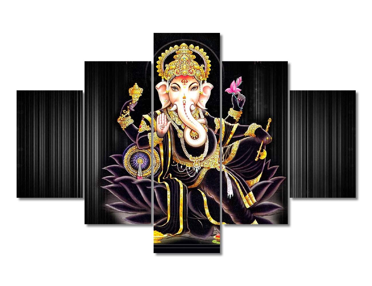 Lord Ganesha Hindu God Wall Art - 5 Piece Canvas Painting Set with Wooden Frame (60