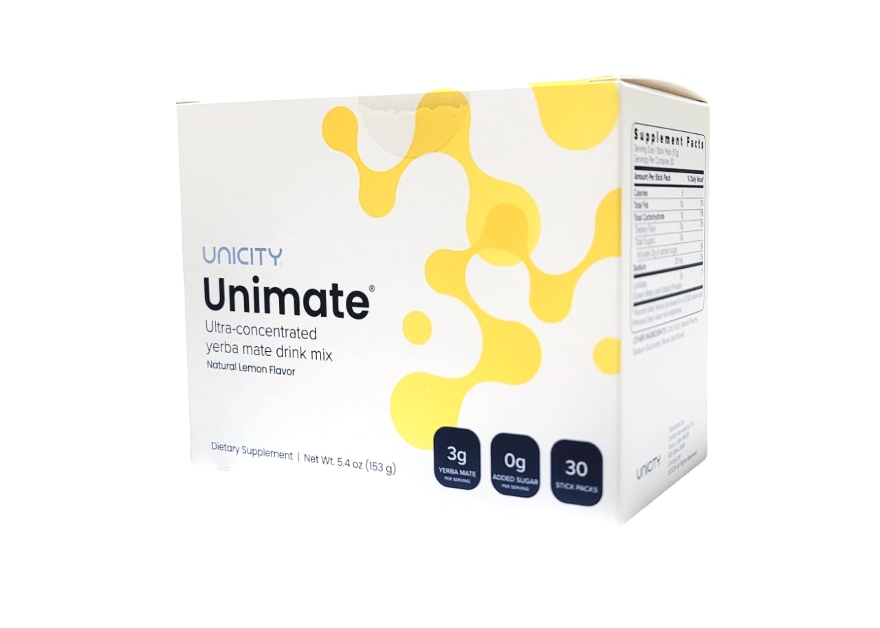 Unicity Unimate Natural Lemon Yerba Mate Drink Mix - 30 Packets of Ultra Concentrated Energy Powder | Healthy Coffee Alternative & Natural Energy Booster | Perfect for Workouts, Office Focus & Morning Energy (30-Day Supply)