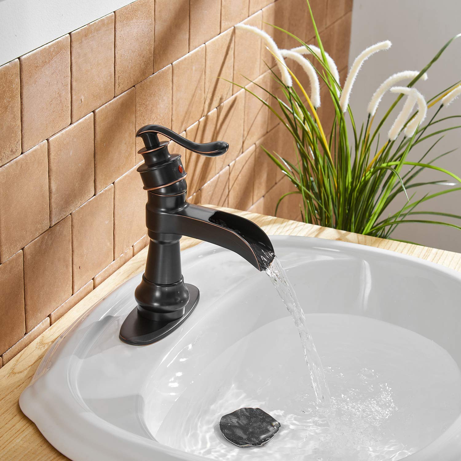 BWE Oil Rubbed Bronze Waterfall Bathroom Sink Faucet - Single Hole Mount with Pop-Up Drain & Supply Hose - Farmhouse Vanity Faucet for Bathroom Sinks | Perfect for Rustic & Modern Home Decor