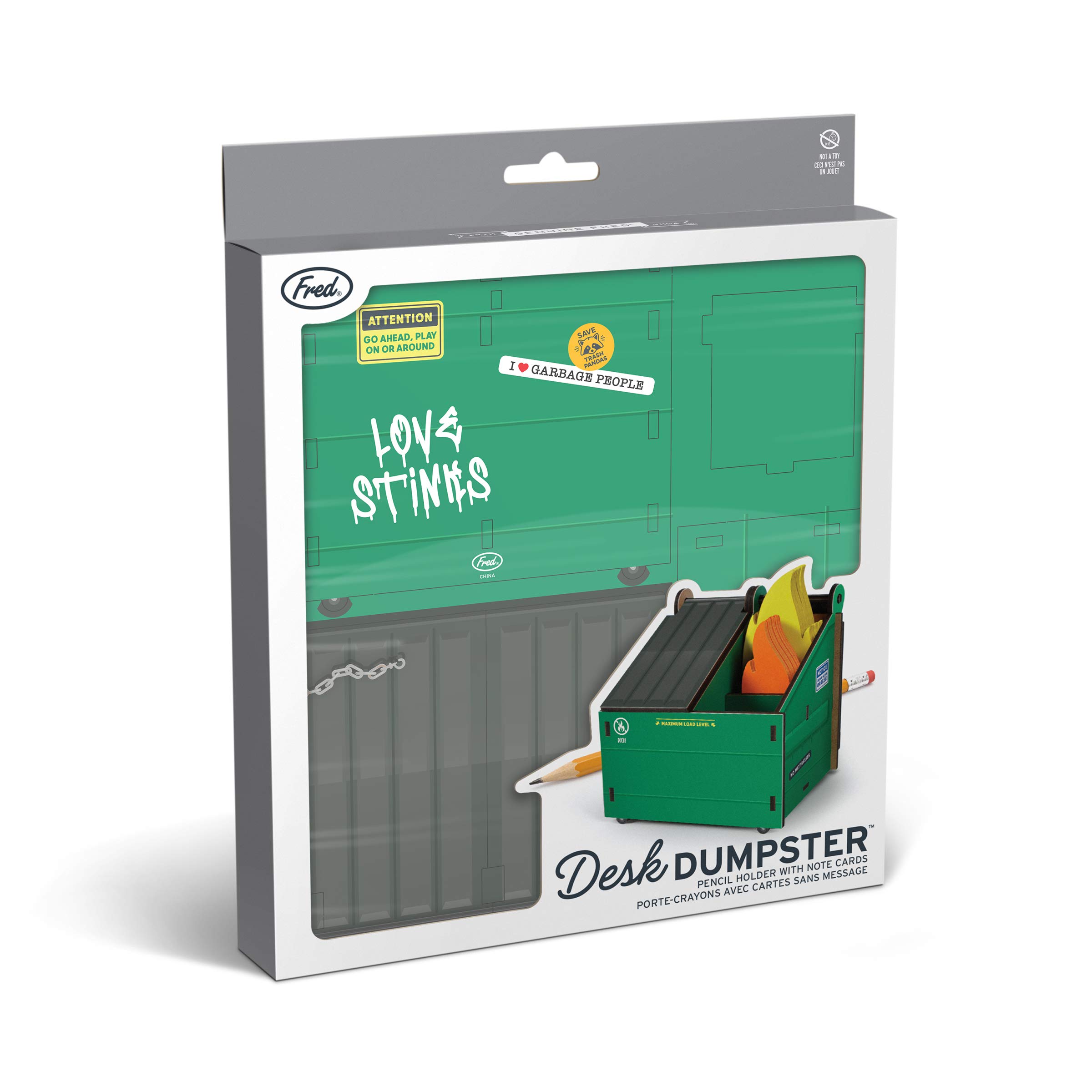 Genuine Fred DESK DUMPSTER 3-Compartment Pencil Holder with Flame Note Cards - Organize Office Supplies, Pens & Stationery for Home, School & Work Desk Organization