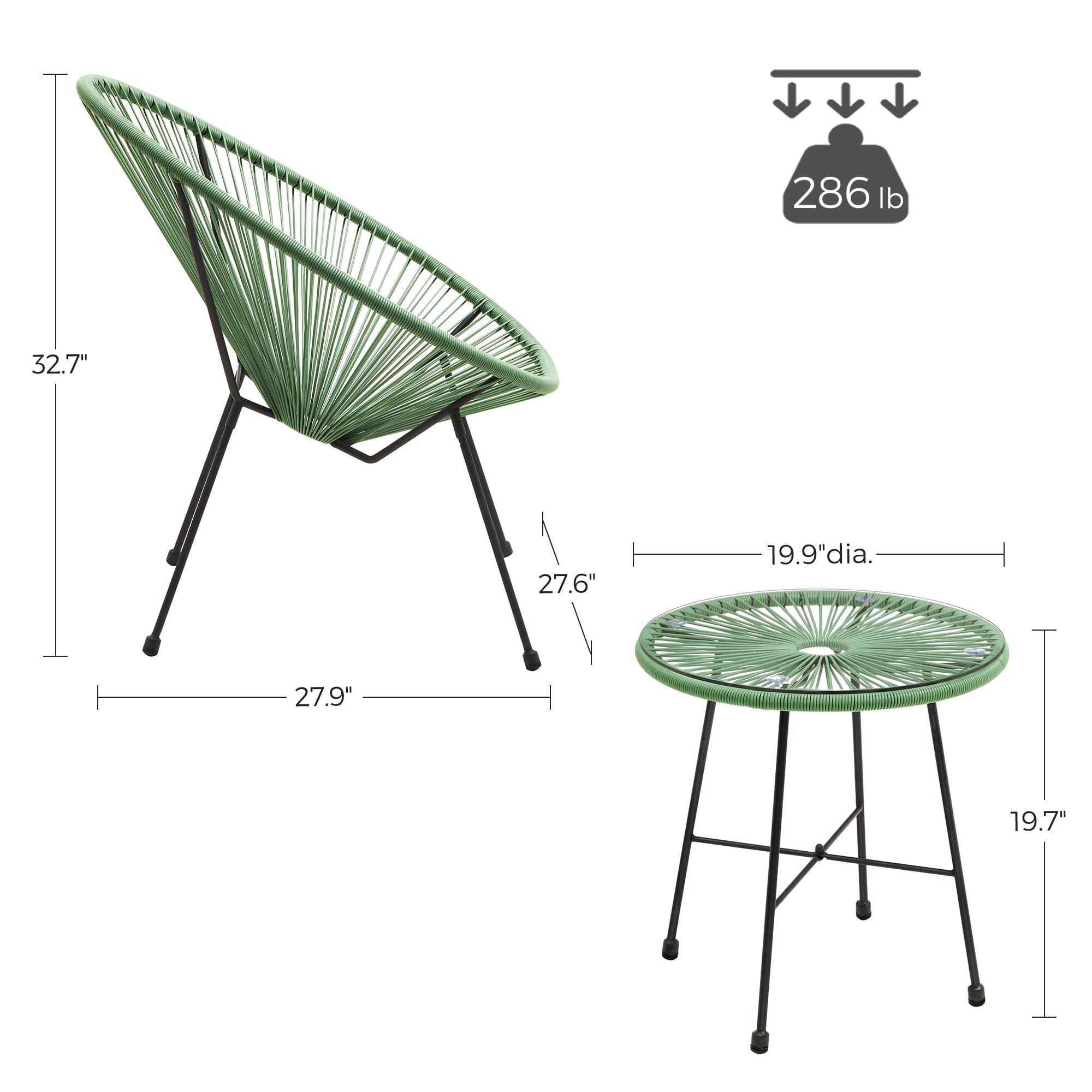 SONGMICS 3-Piece Acapulco Patio Set with Glass Table - Modern Outdoor Furniture for Garden, Balcony & Poolside - Light Green Bistro Chairs Perfect for Relaxing & Entertaining