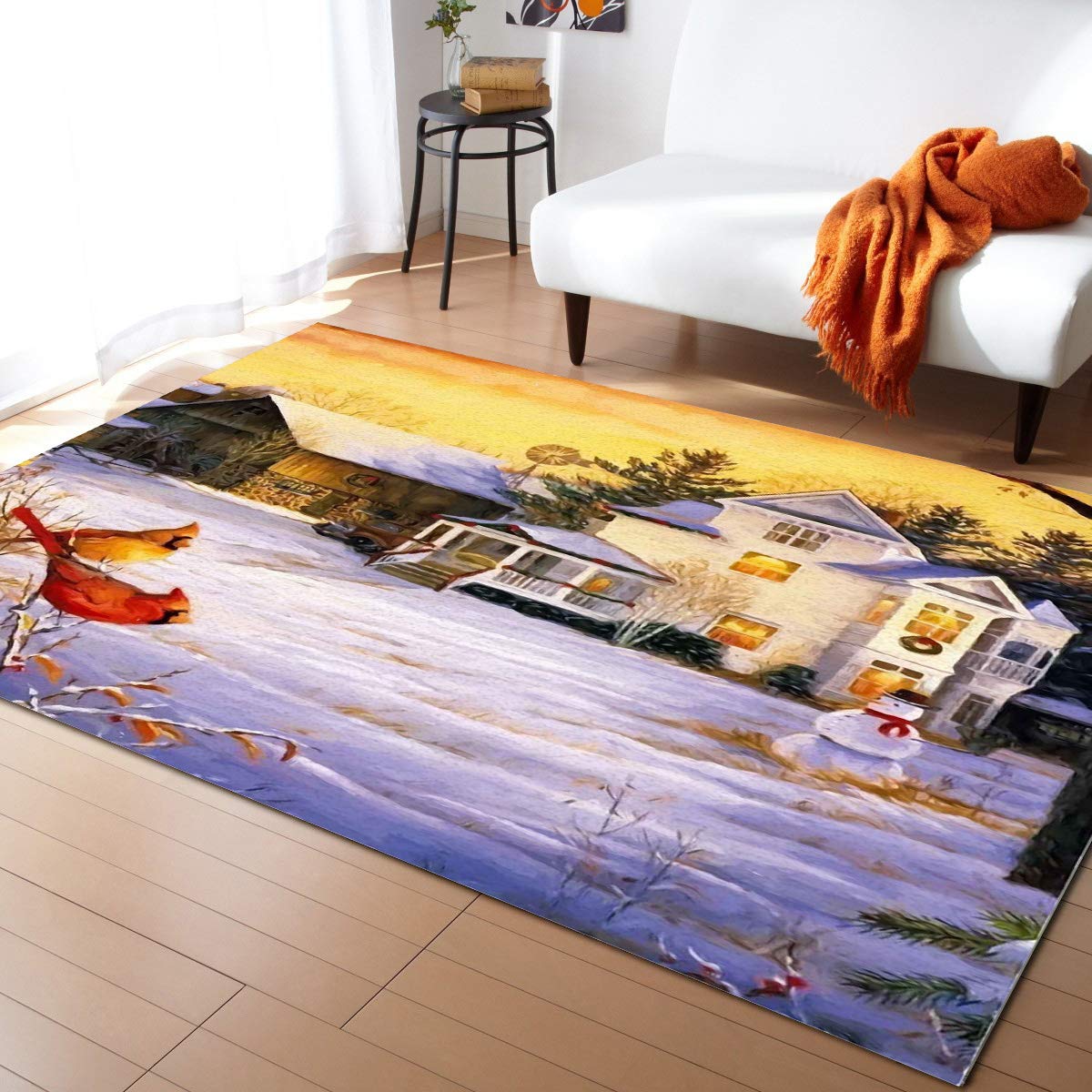 Modern Rectangle Area Rug - Soft Indoor Carpet Floor Mat with Christmas Farmhouse Snowman & Cardinals Winter Scene - Non-Slip Kitchen Runner, Kids Play Mat, Accent Throw Rug for Living Room, Bedroom & Nursery Decor