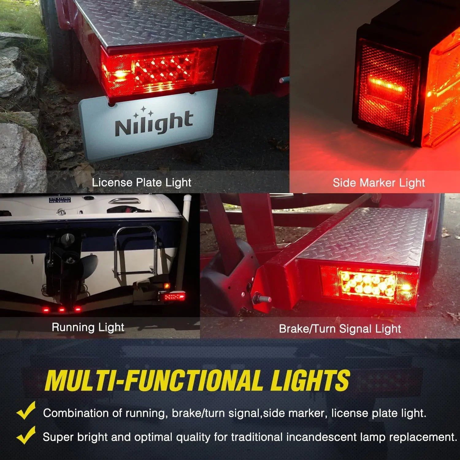 Waterproof Low Profile Rectangular LED Trailer Lights Kit - Submersible Brake/Turn/Tail Lights for Boat Trailers, Utility Trailers & RVs - Durable DOT Approved Lighting for Safe Night Towing