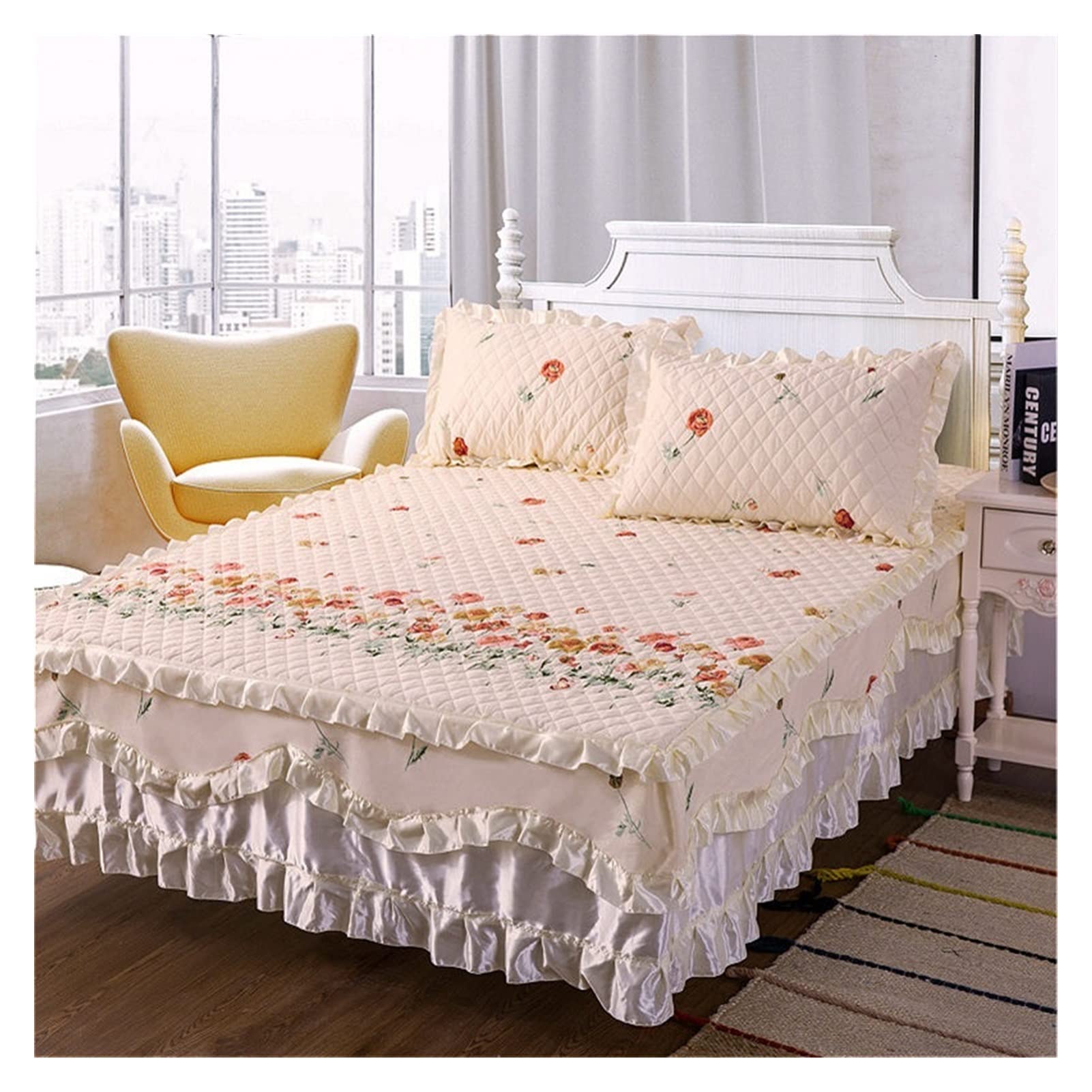 ZZDXW Ruffle Bed Skirt Set - 3 Piece Quilted Velvet/Cotton Bedding Collection with 1 Bed Skirt & 2 Pillow Shams for King/Queen/Full/Twin Size - Luxury Bed Linens for Master Bedroom, Guest Room & Hotel Decor