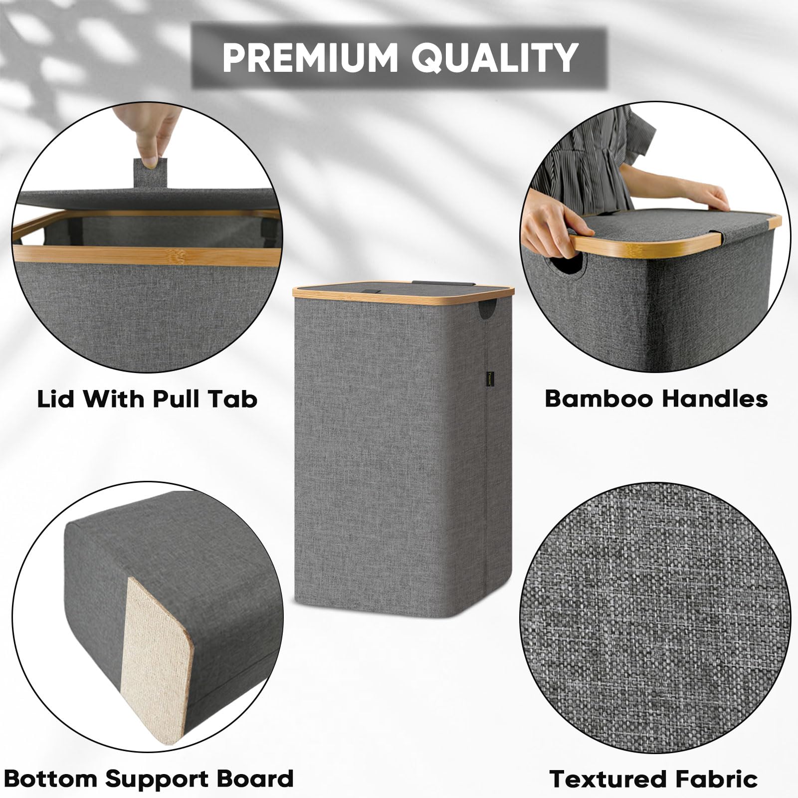 BALEINE Large Laundry Hamper with Lid & Bamboo Handles - 26 Gallon (100L) Tall Laundry Basket with Internal Support - Grey - Perfect for Bedroom, Bathroom & Dorm Organization