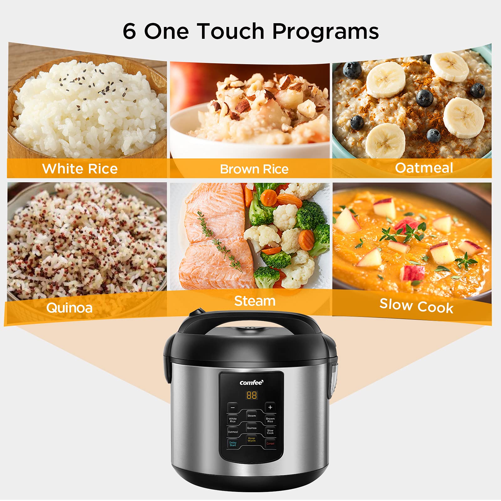 COMFEE' 8-Cup (4-Cup Uncooked) Stainless Steel 6-in-1 Multi Rice Cooker with Slow Cooker, Steamer & 1.7L Glass Electric Tea Kettle Bundle - Perfect for Small Kitchens, Dorms & Office Use