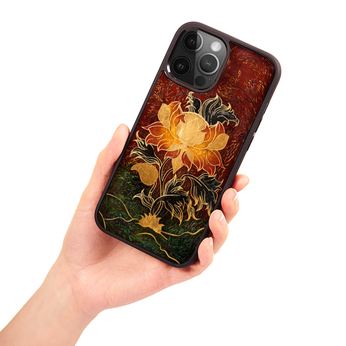 Handmade Lacquer Art Padma Flower iPhone 12 Pro Max Case with 24K Gold Details - Premium Luxury Protective Cover for Women, Perfect Gift for Birthday & Anniversary - Classic Black Design
